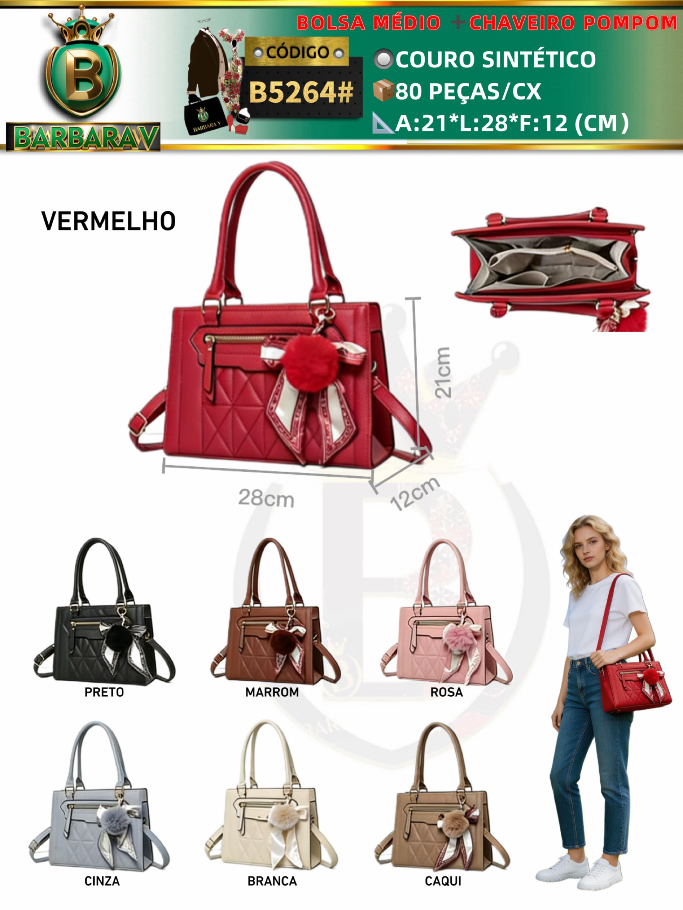 BARBARA V BOLSAS/Bolsa médio com chaveiro pompom (B5264#)