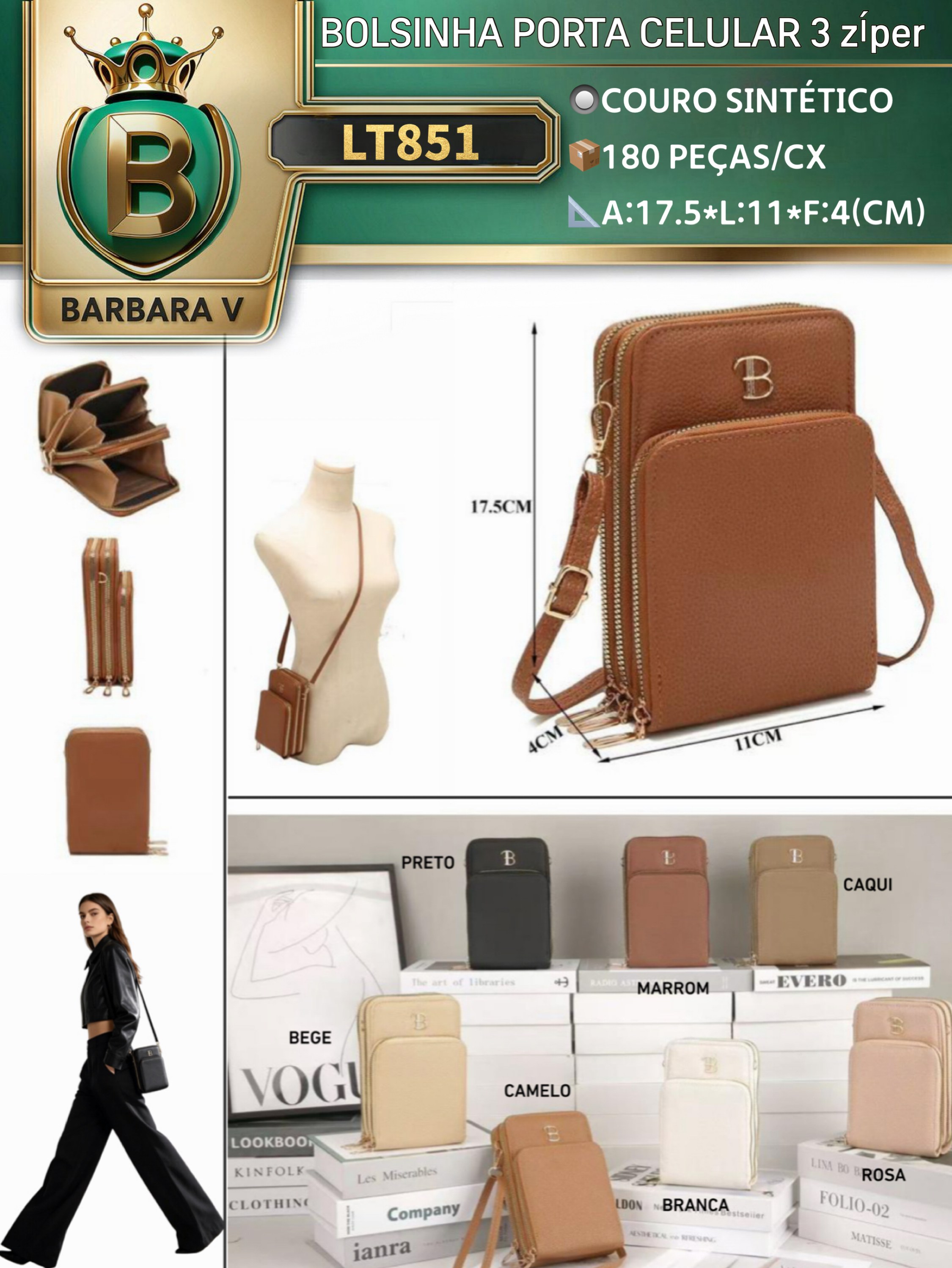 BARBARA V BOLSAS/Bolsinha 3 zíper/porta celular(LT851)