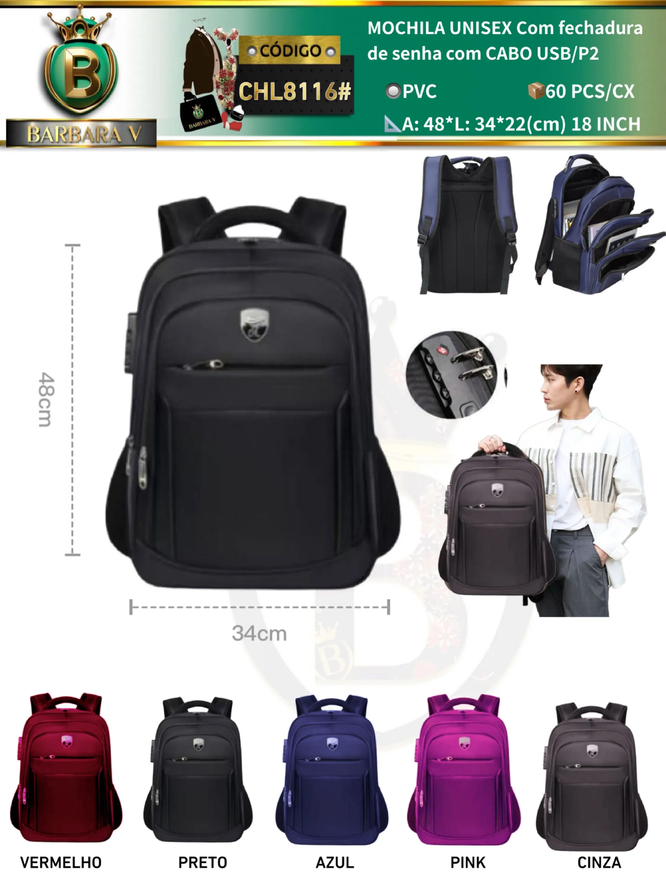 MOCHILA UNISEX Com fechadura de senha/CABO USB/P2 (CHL8116#)