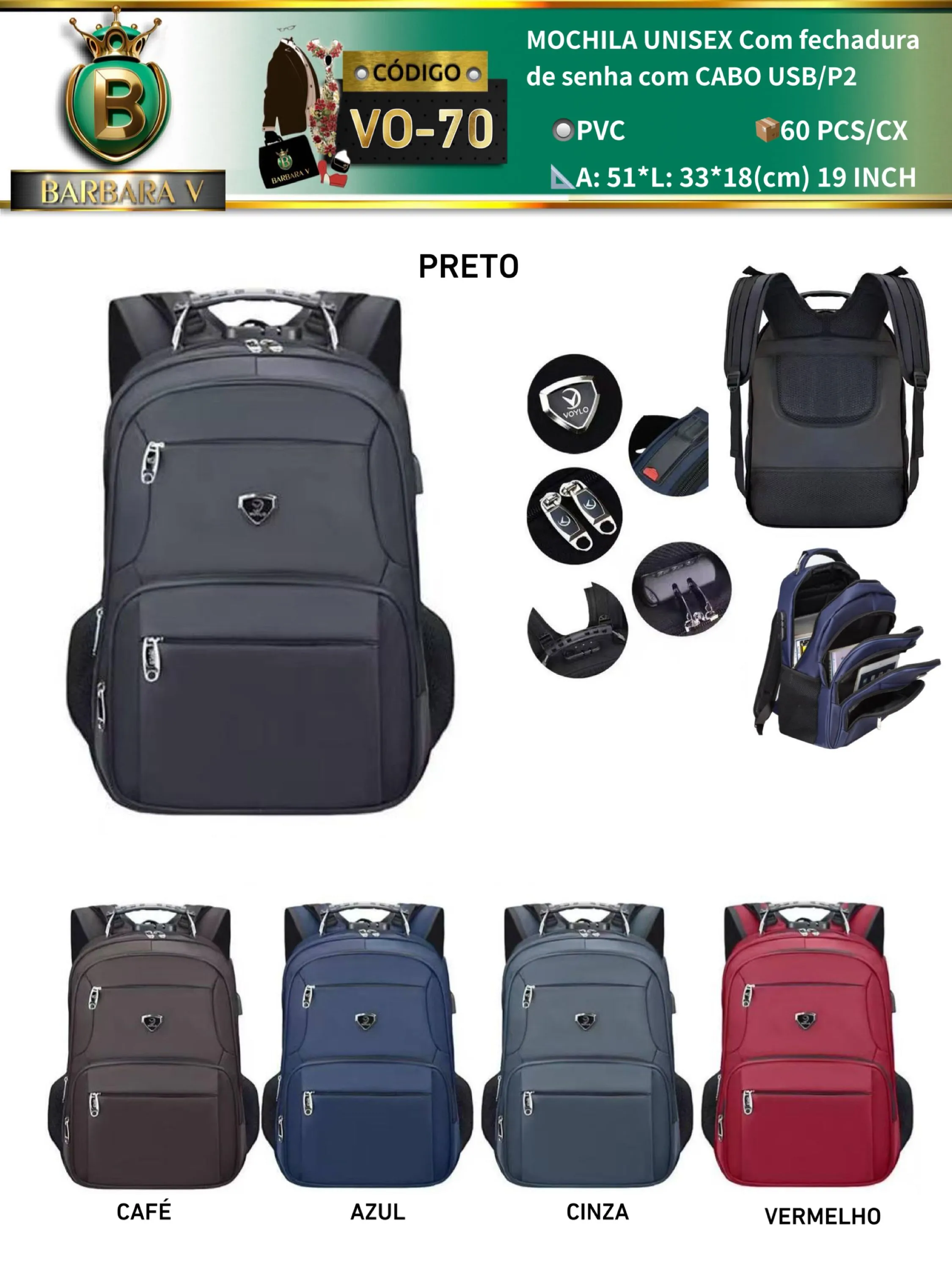 MOCHILA fechadura de senha com CABO USB/P2 (VO-70)