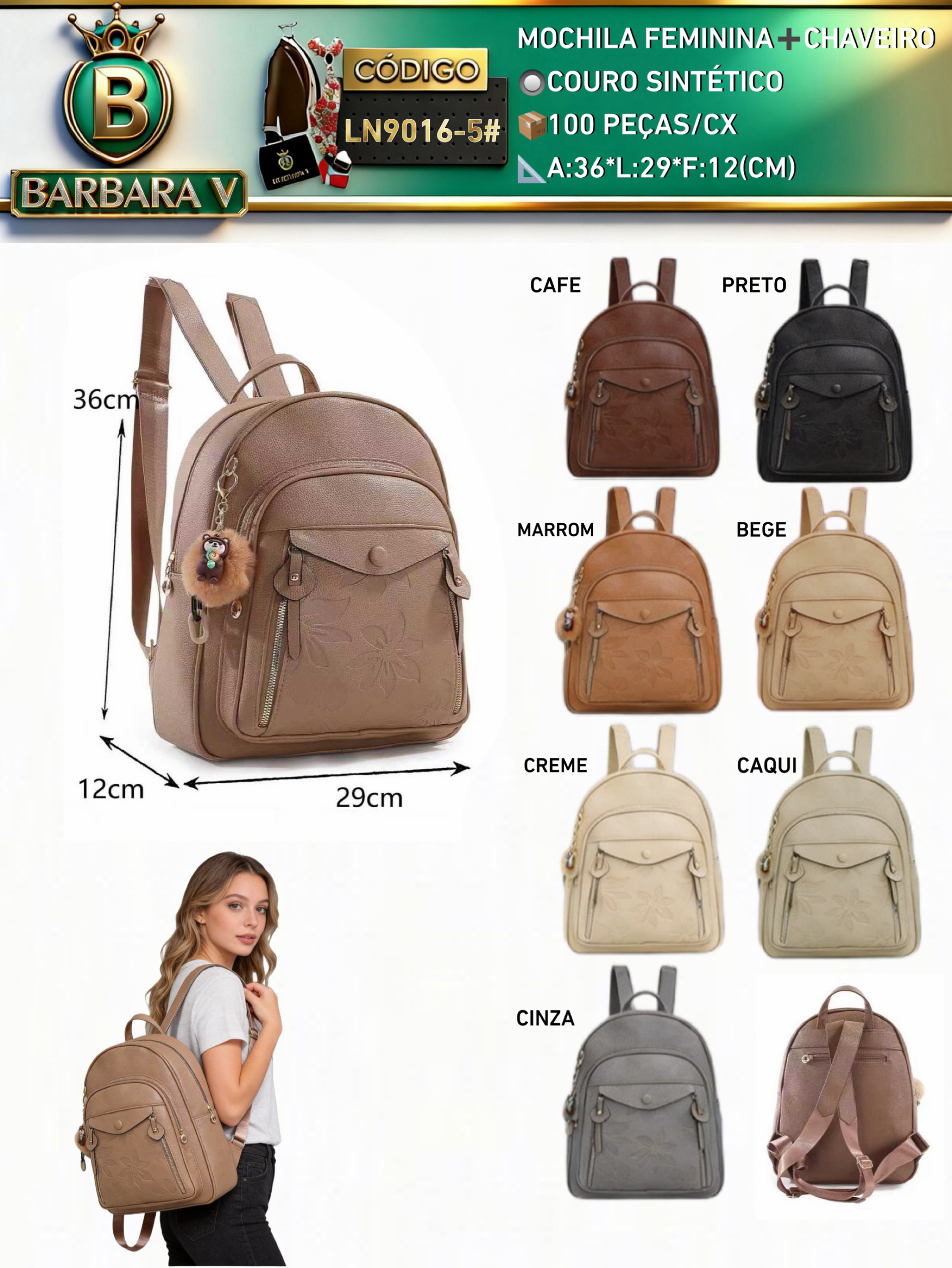 BARBARA V BOLSAS/mochila feminina com chaveiro(LN9016-5#)