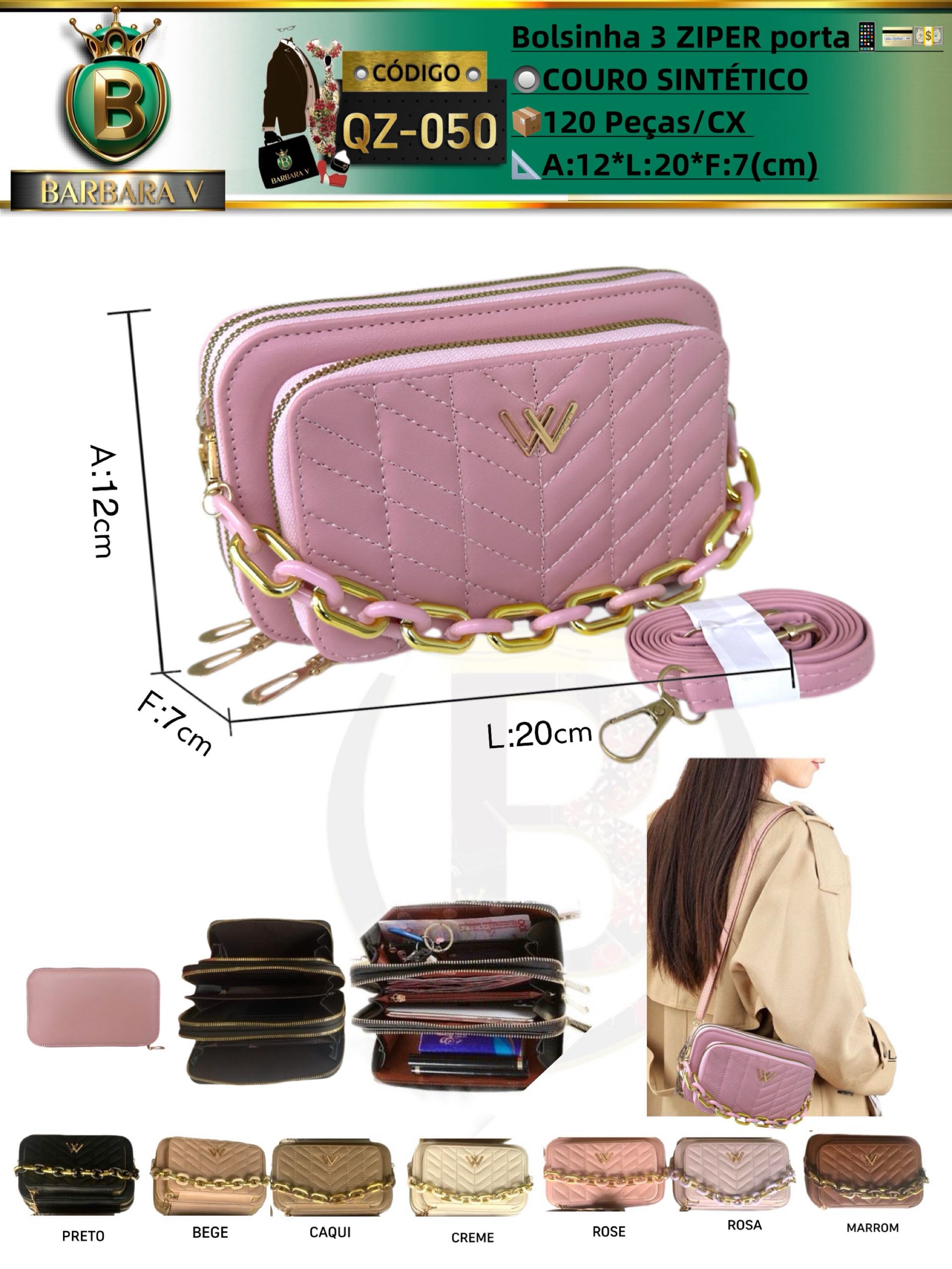 BARBARA V BOLSAS/bolsinha com 3 zíper(QZ-050)