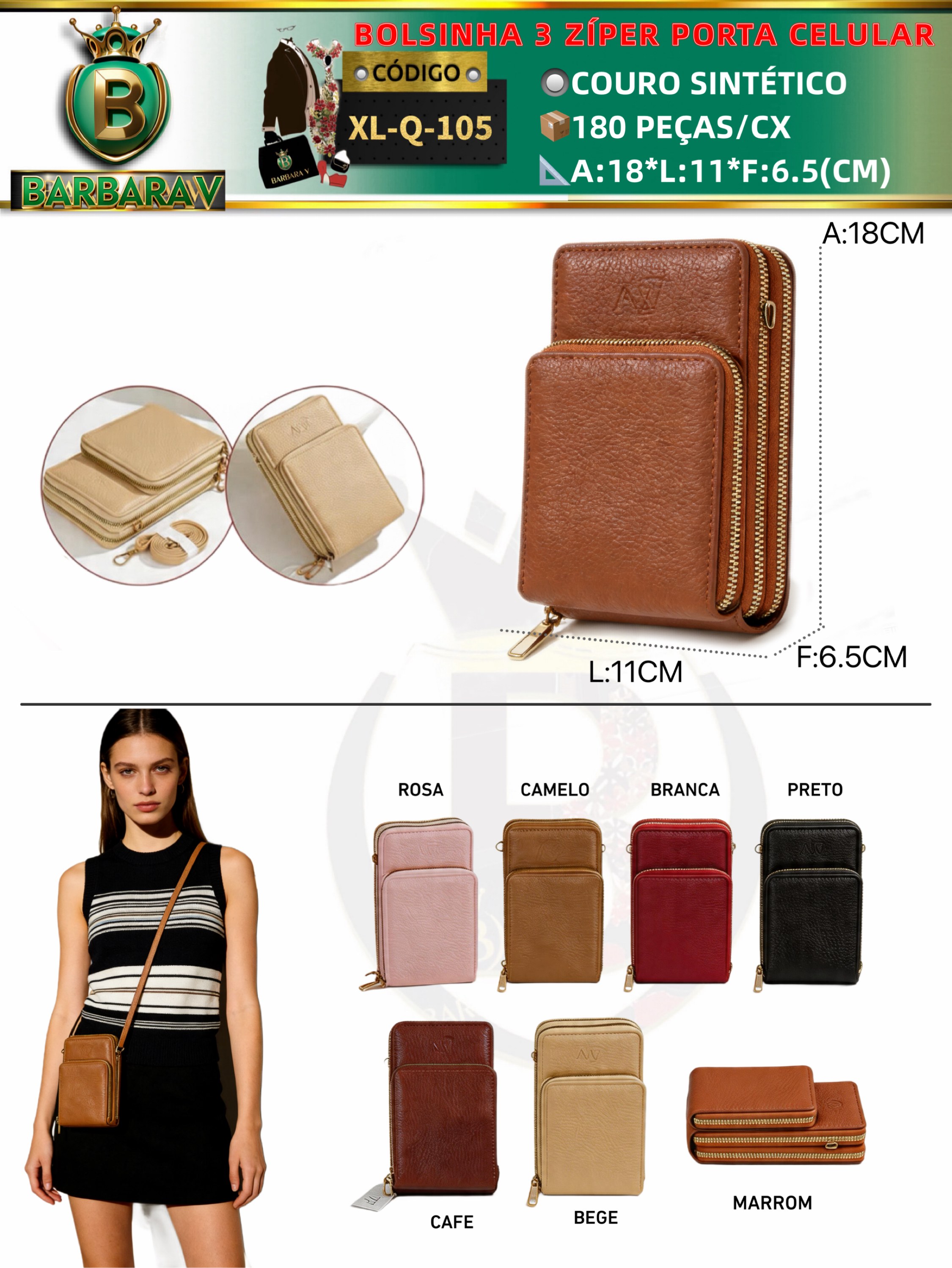 Bolsinha feminina 3 zíper porta celular(XL-Q-105)