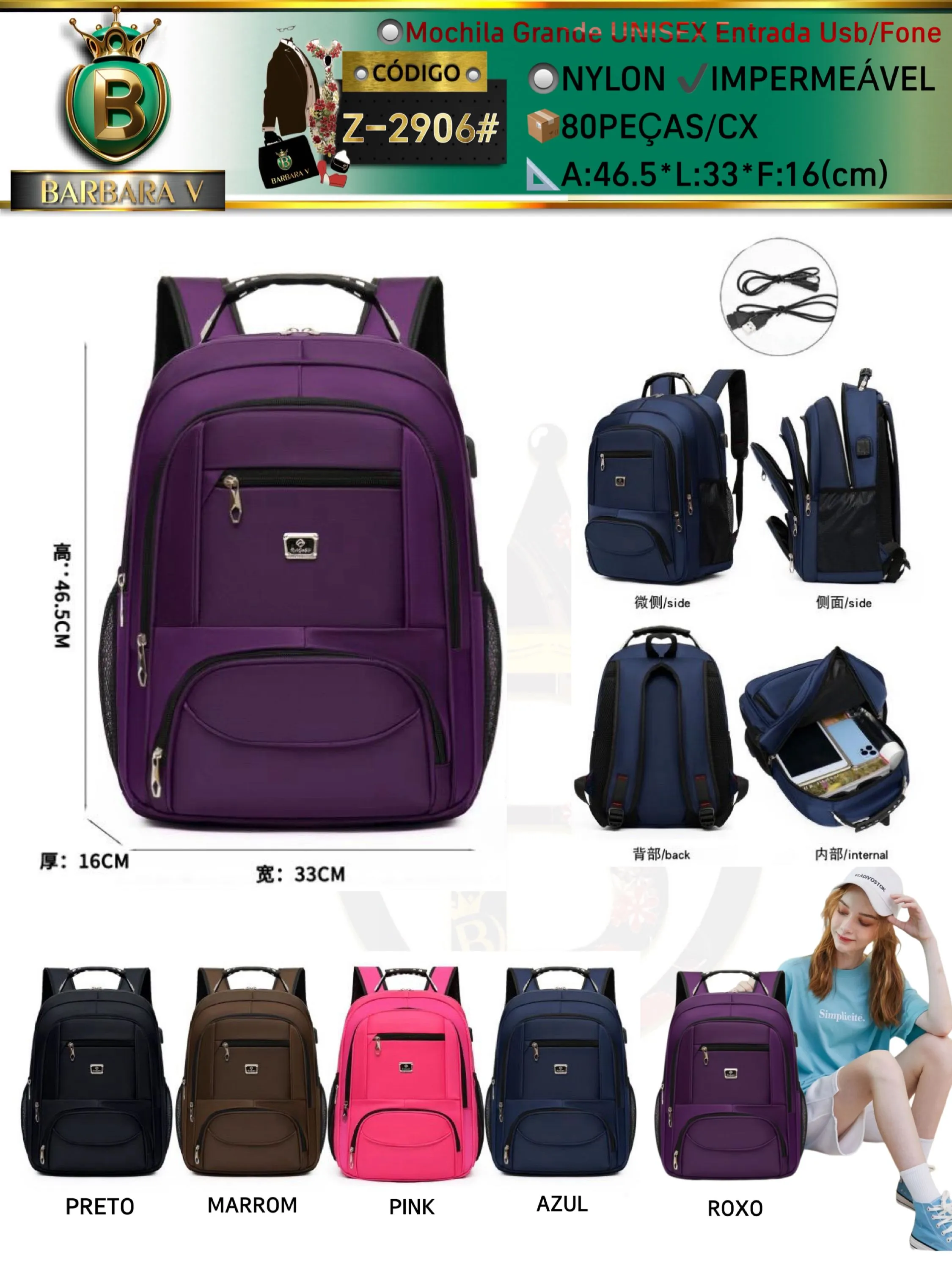 BARBARA V BOLSAS/Mochila Grande UNISEX Entrada Usb/Fone(Z-2906#)