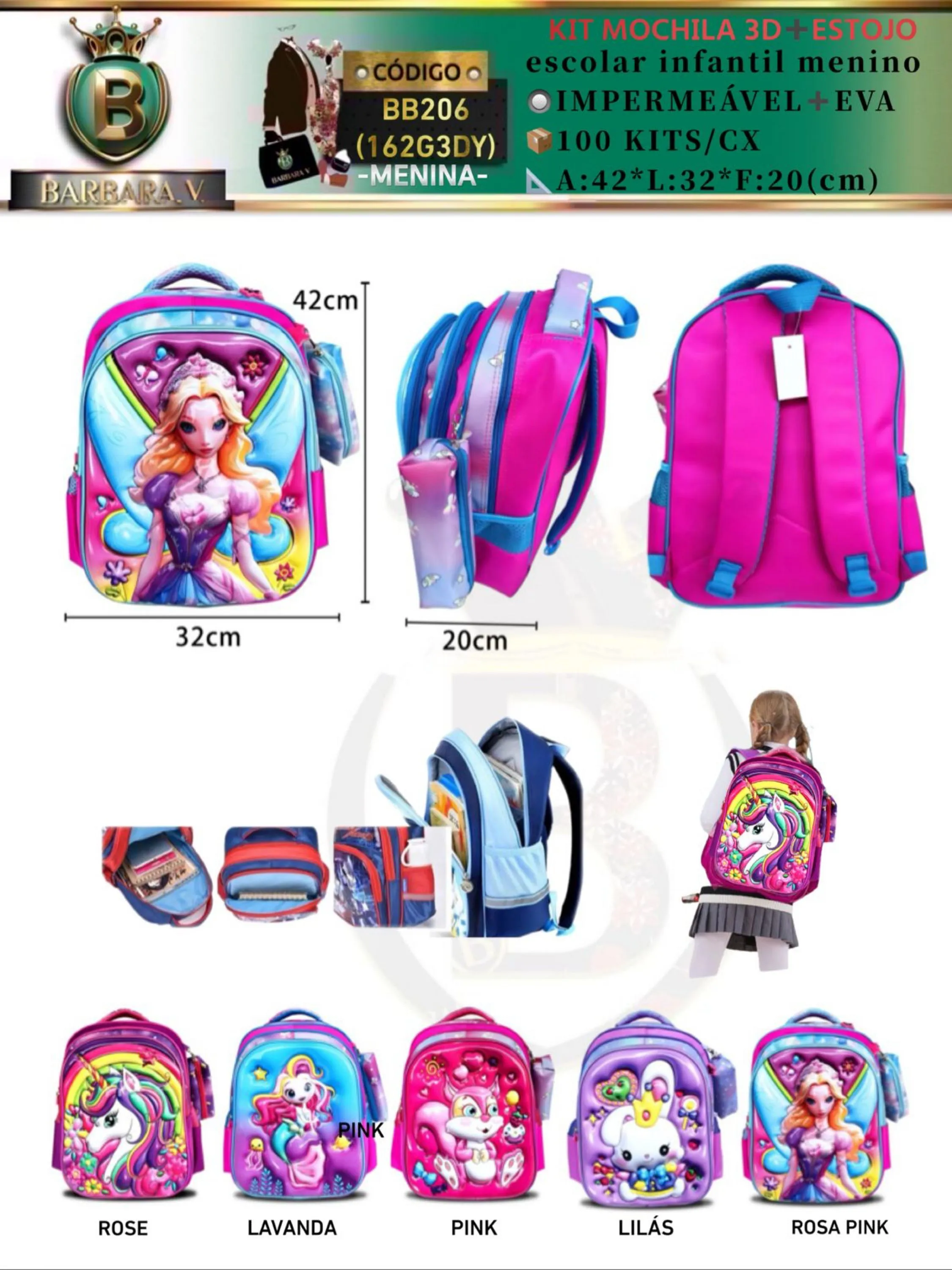 BARBARA  V/KIT MOCHILA MENINA 3D+ ESTOJO Infantil 3D(BB206)