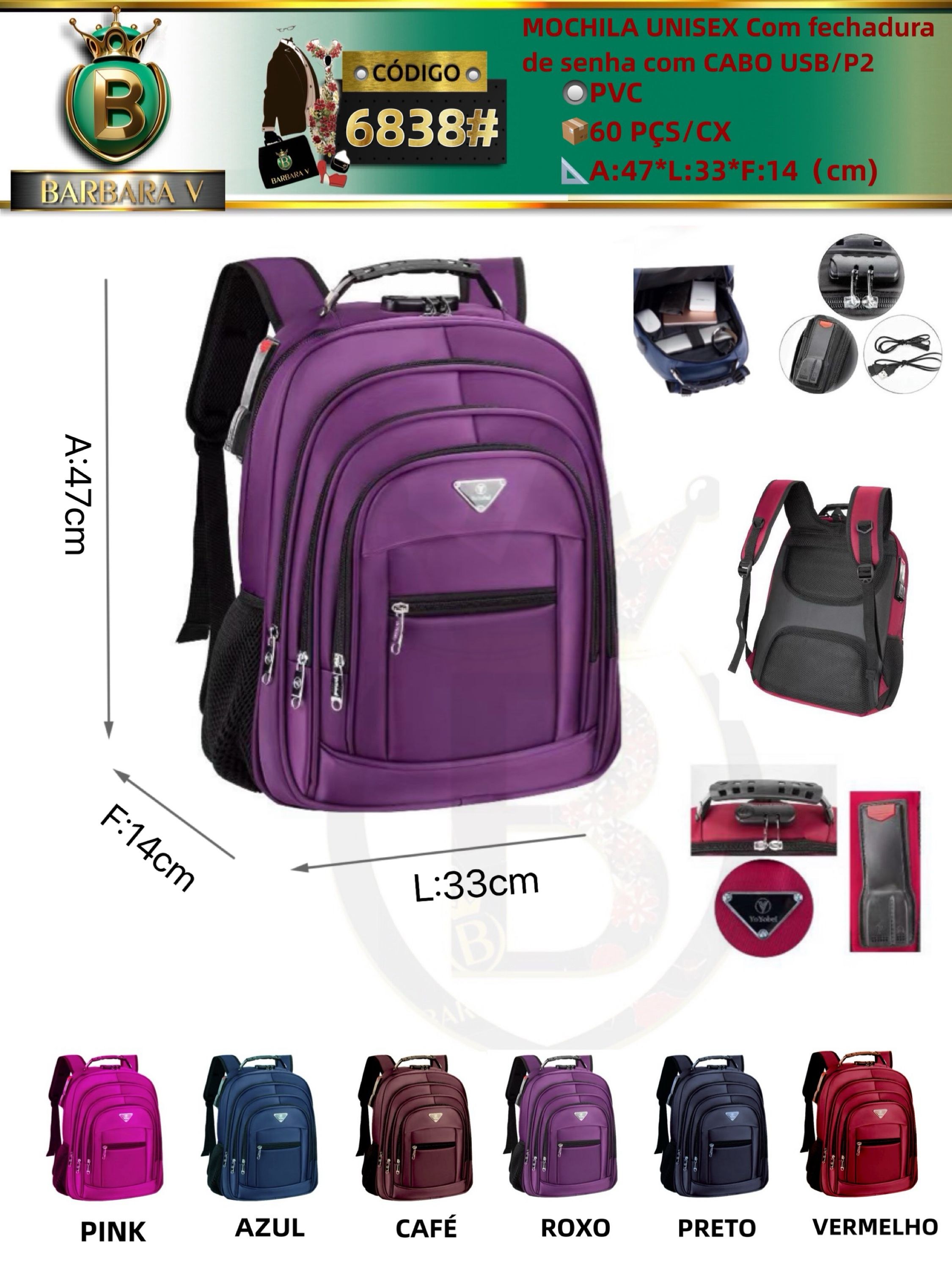 BARBARA V BOLSAS/MOCHILA UNISEX Com fechadura de senha com CABO USB/P2(6838#)