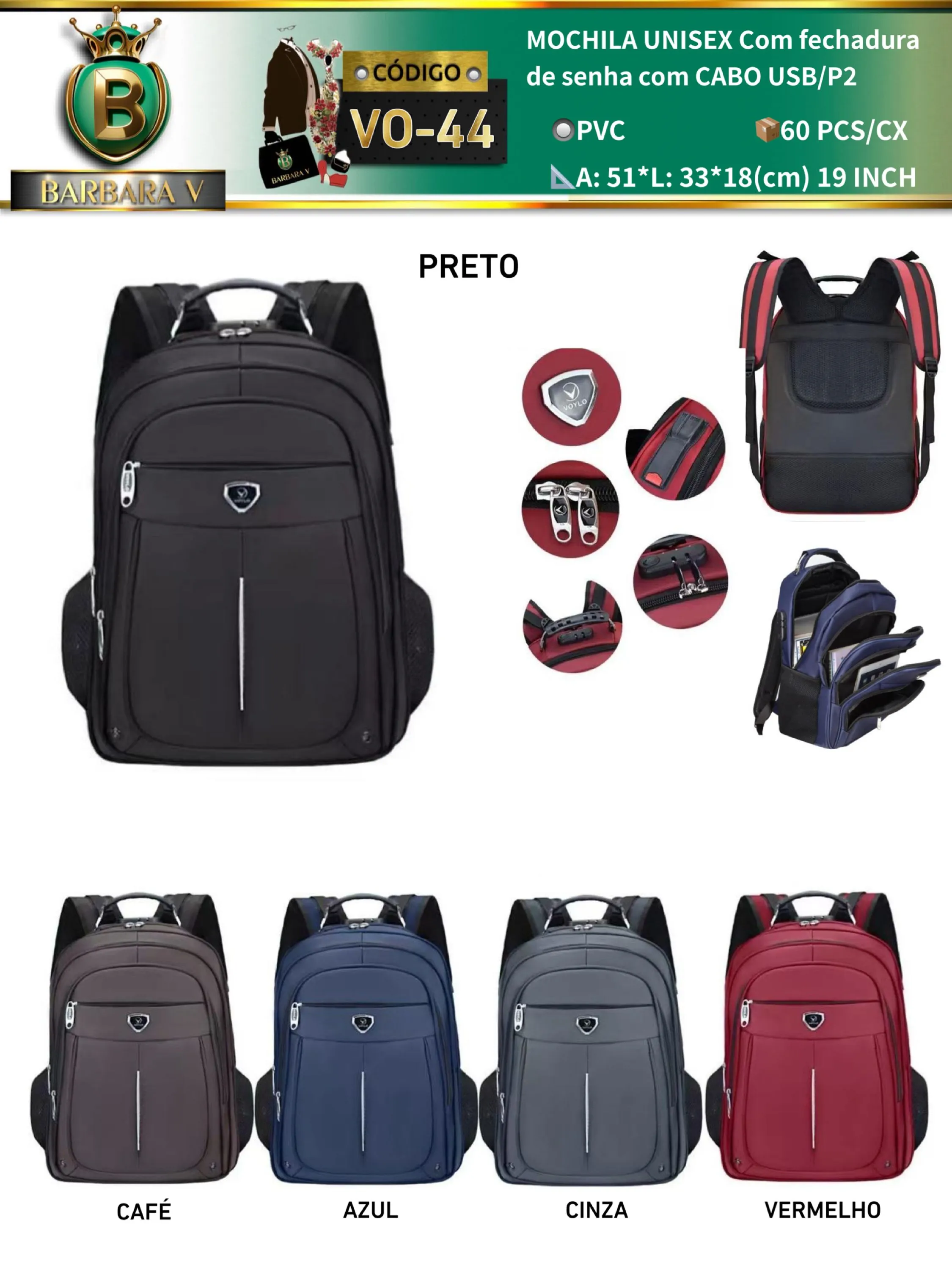MOCHILA fechadura de senha com CABO USB/P2 (VO-44)