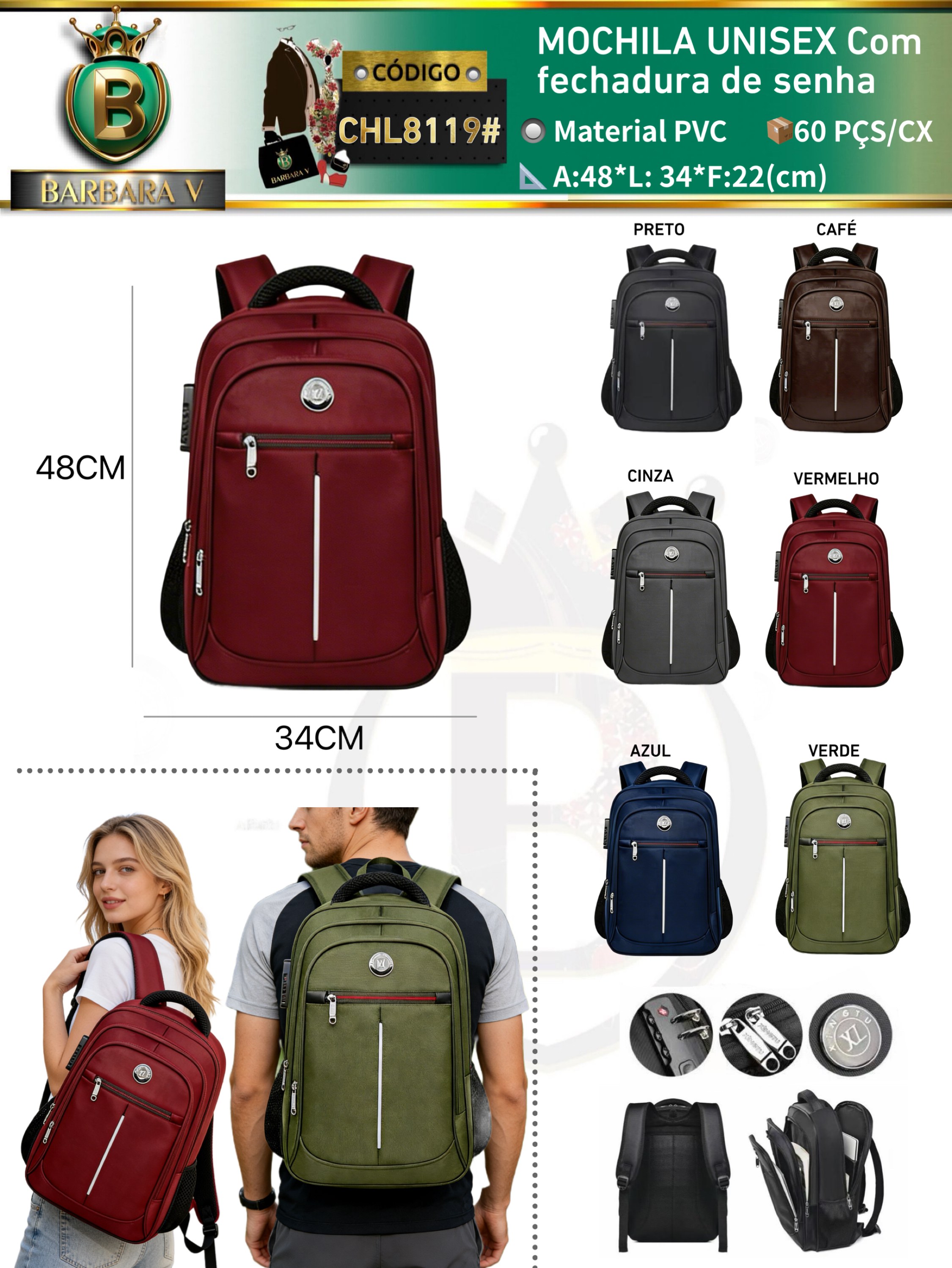MOCHILA UNISEX Com fechadura de senha(CHL8119#)