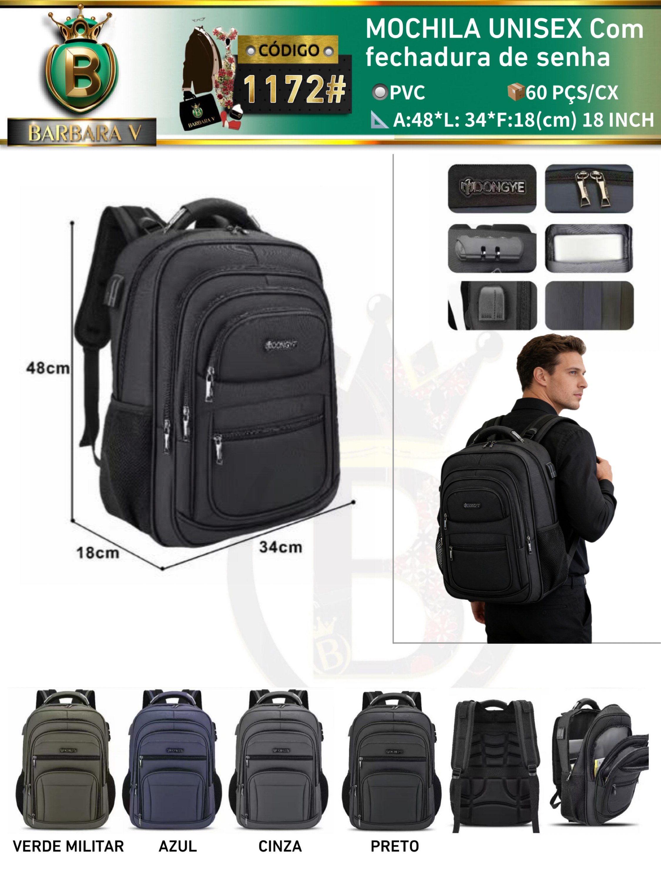 MOCHILA UNISEX Com fechadura de senha com CABO USB/P2（1172#）