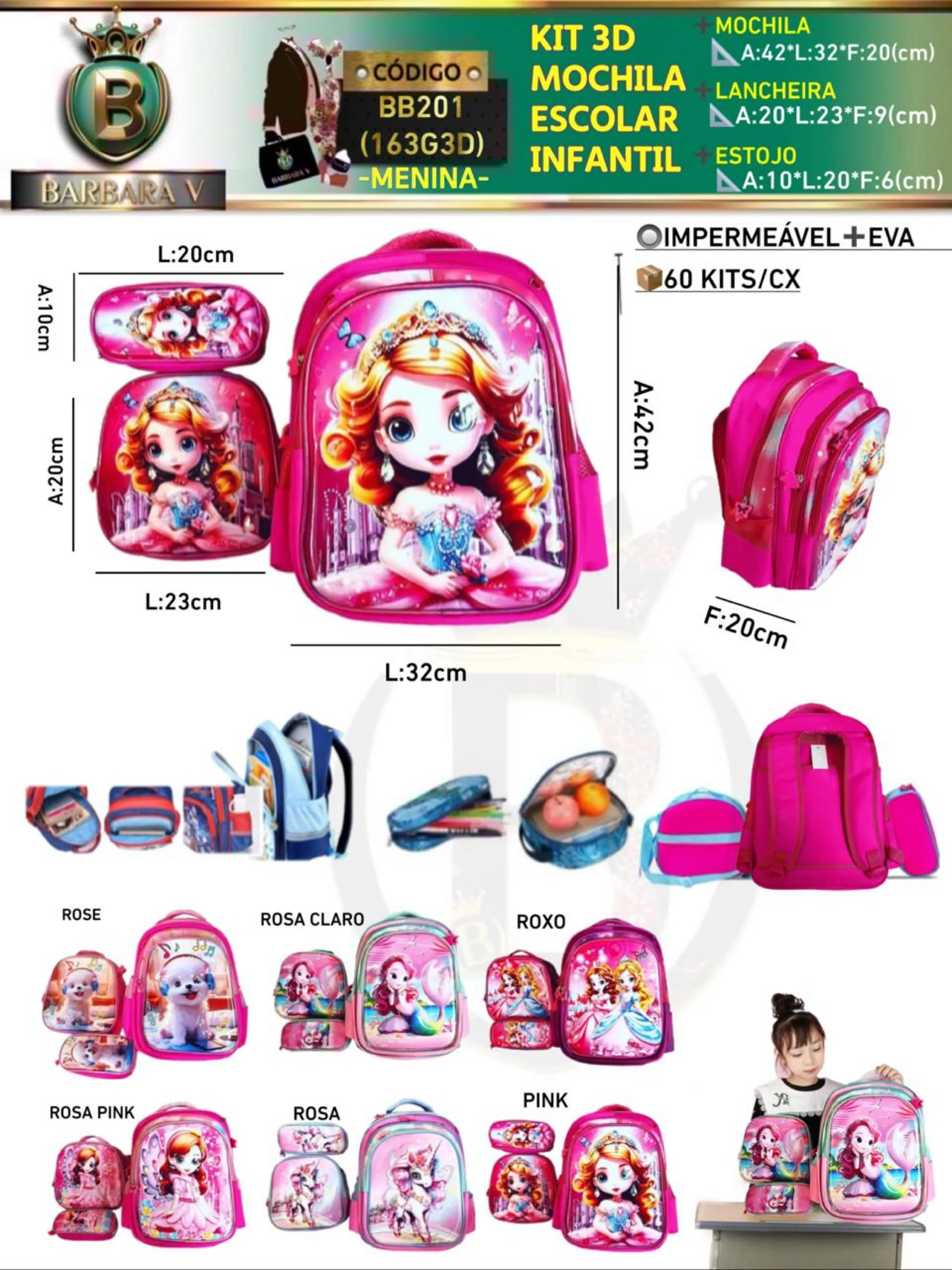 KIT 3 peças 3D MOCHILA ESCOLAR INFANTIL-MENINA(BB201-163G3D)