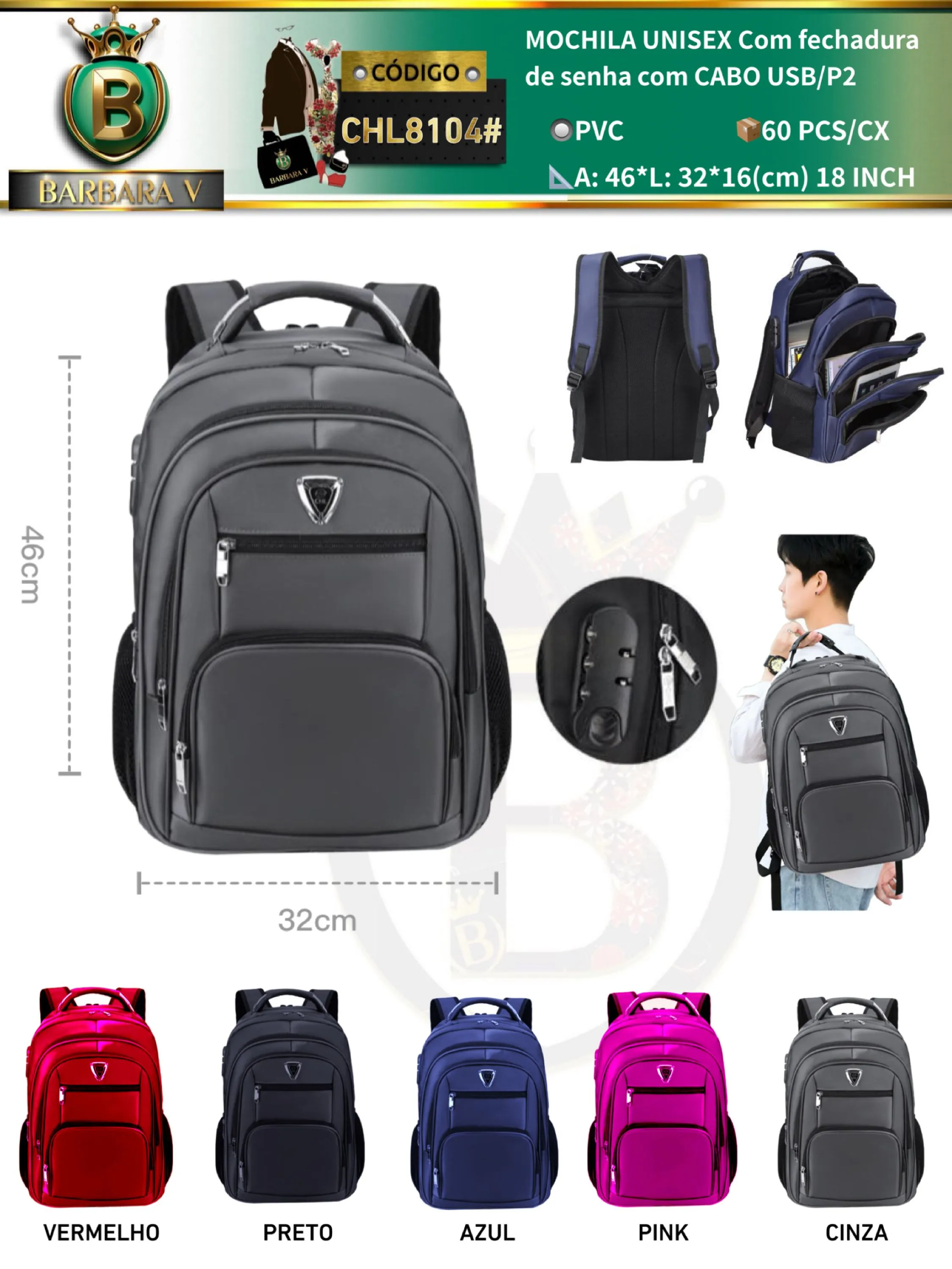 MOCHILA UNISEX Com fechadura de senha/CABO USB/P2(CHL8104#)