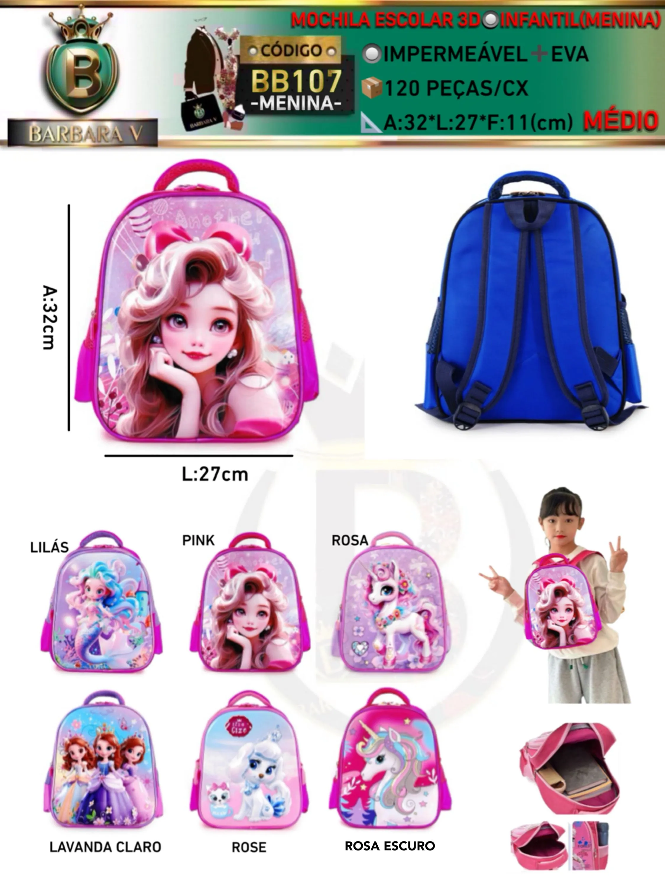 Mochila médio 3D escolar infantil(BB107-MENINA)