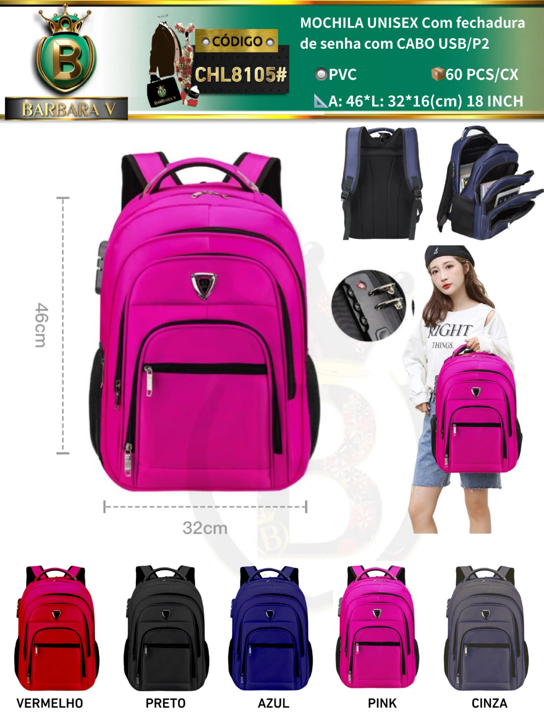 MOCHILA UNISEX Com fechadura de senha/CABO USB/P2 (CHL8105#)
