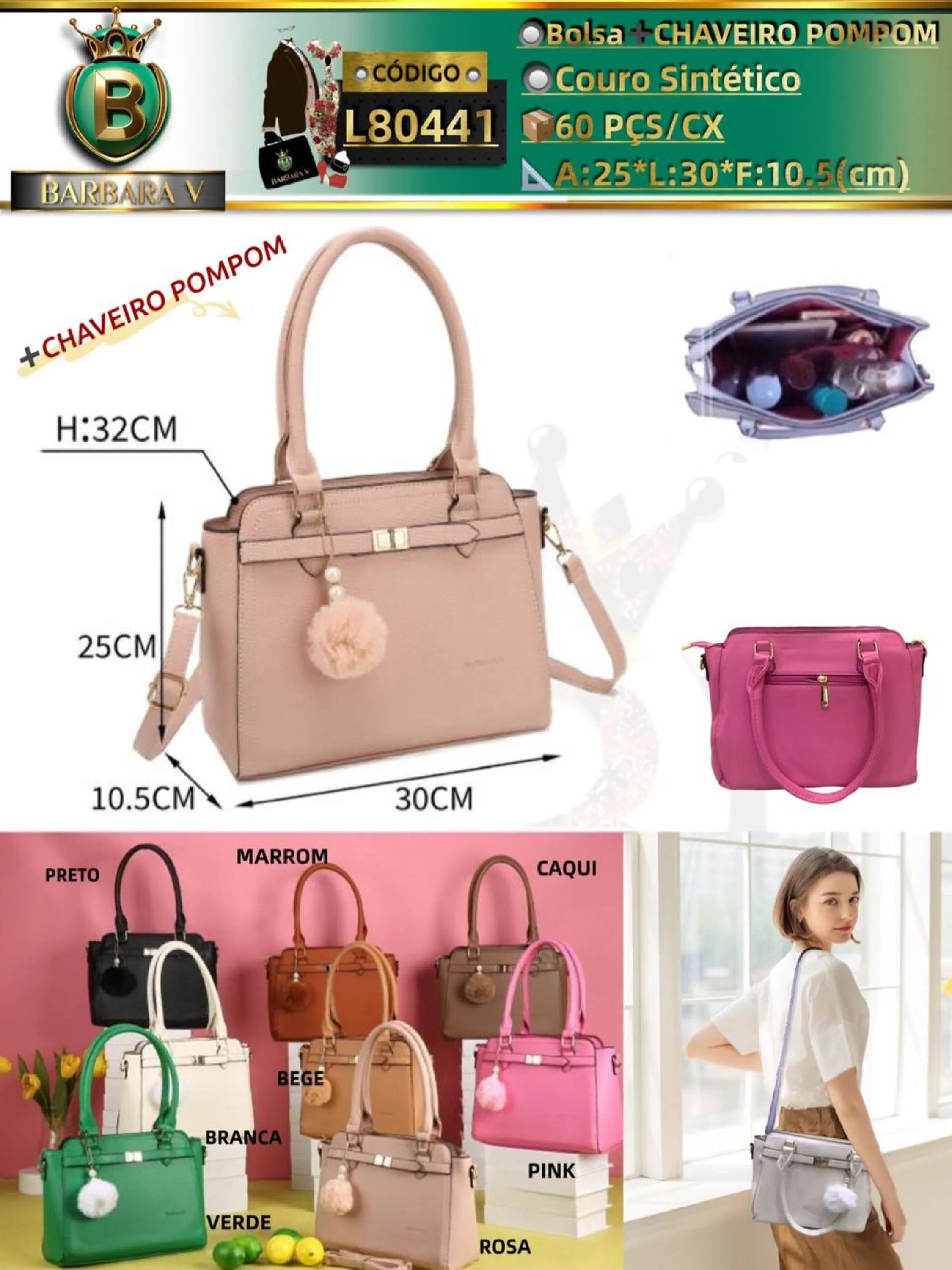 BARBARA V BOLSAS/bolsa grande feminina com chaveiro pompom(L80441)