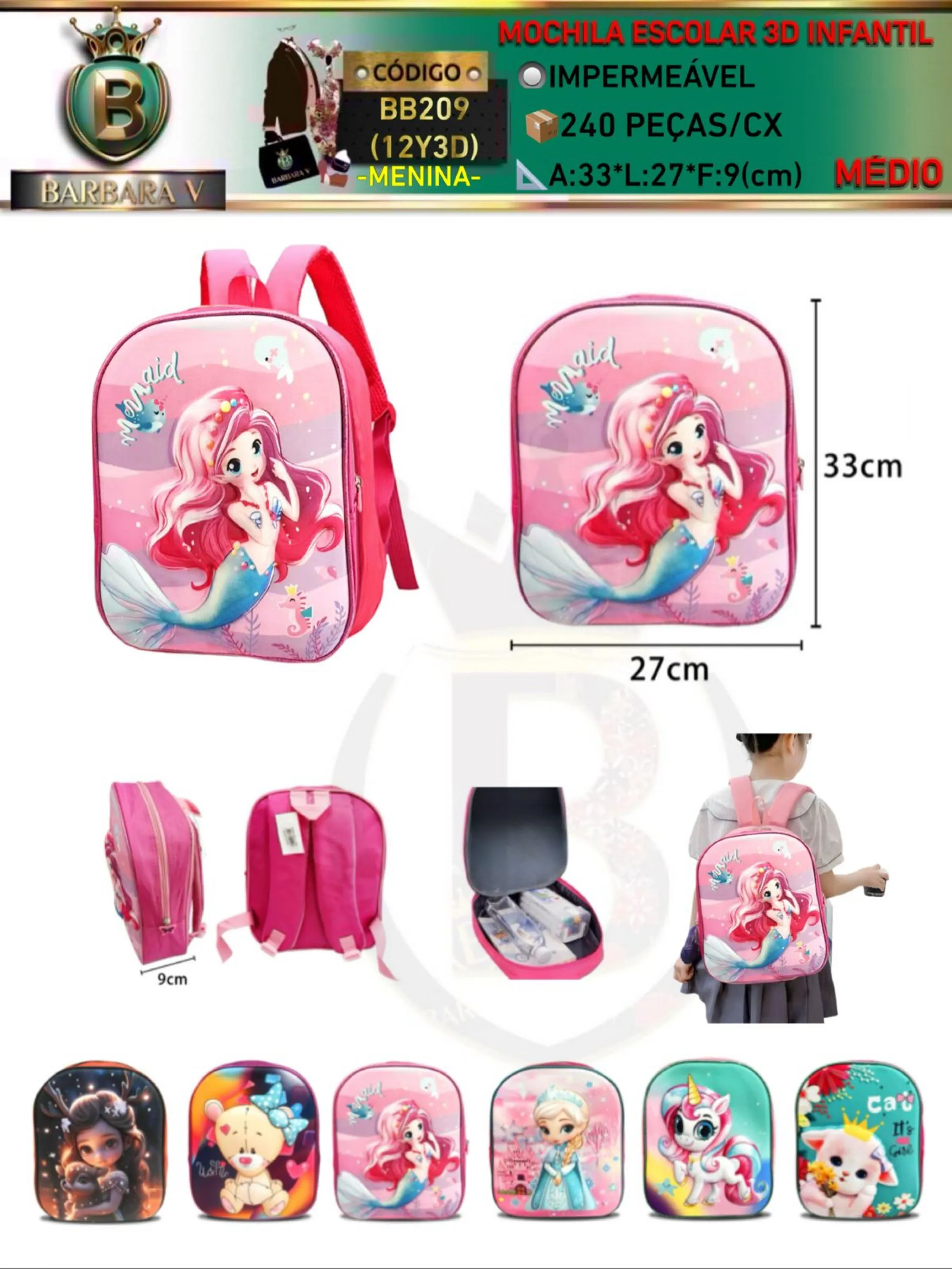 Mochila escolar infantil menina-2 pçs tampa aleatório(BB209)