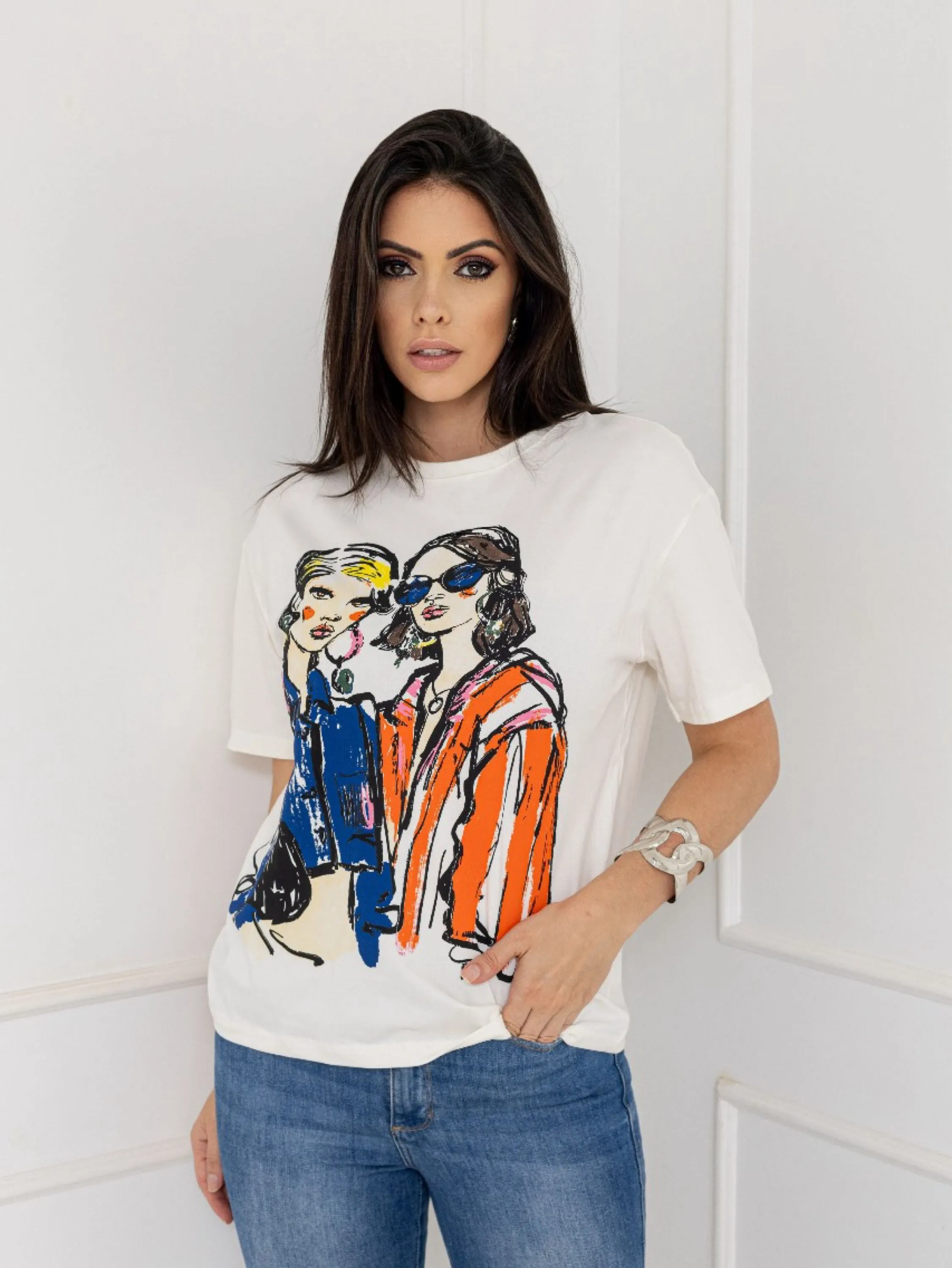 Camiseta feminina manga curta algodão com estampa TS-95