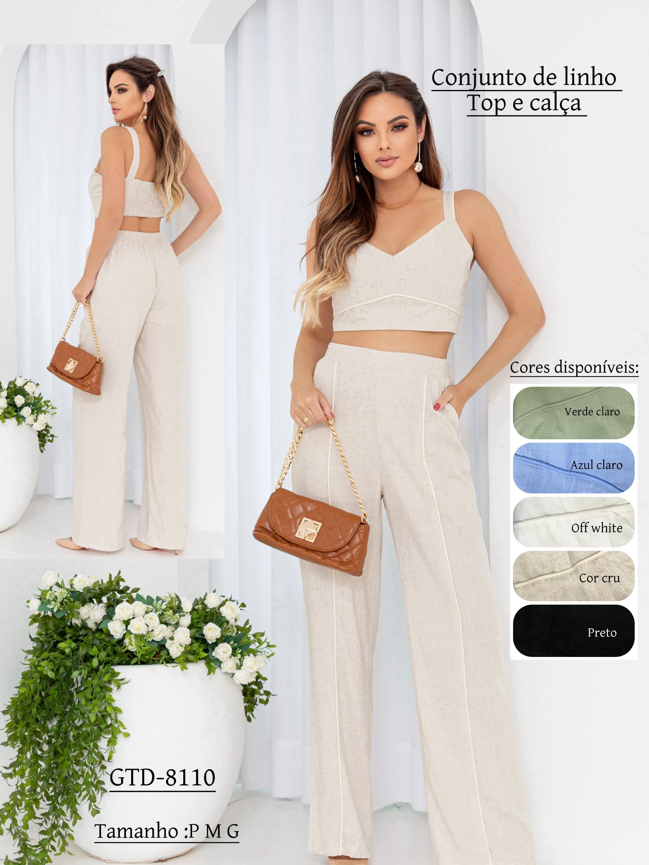 Conjunto de linho feminino calça e top GTD-8110