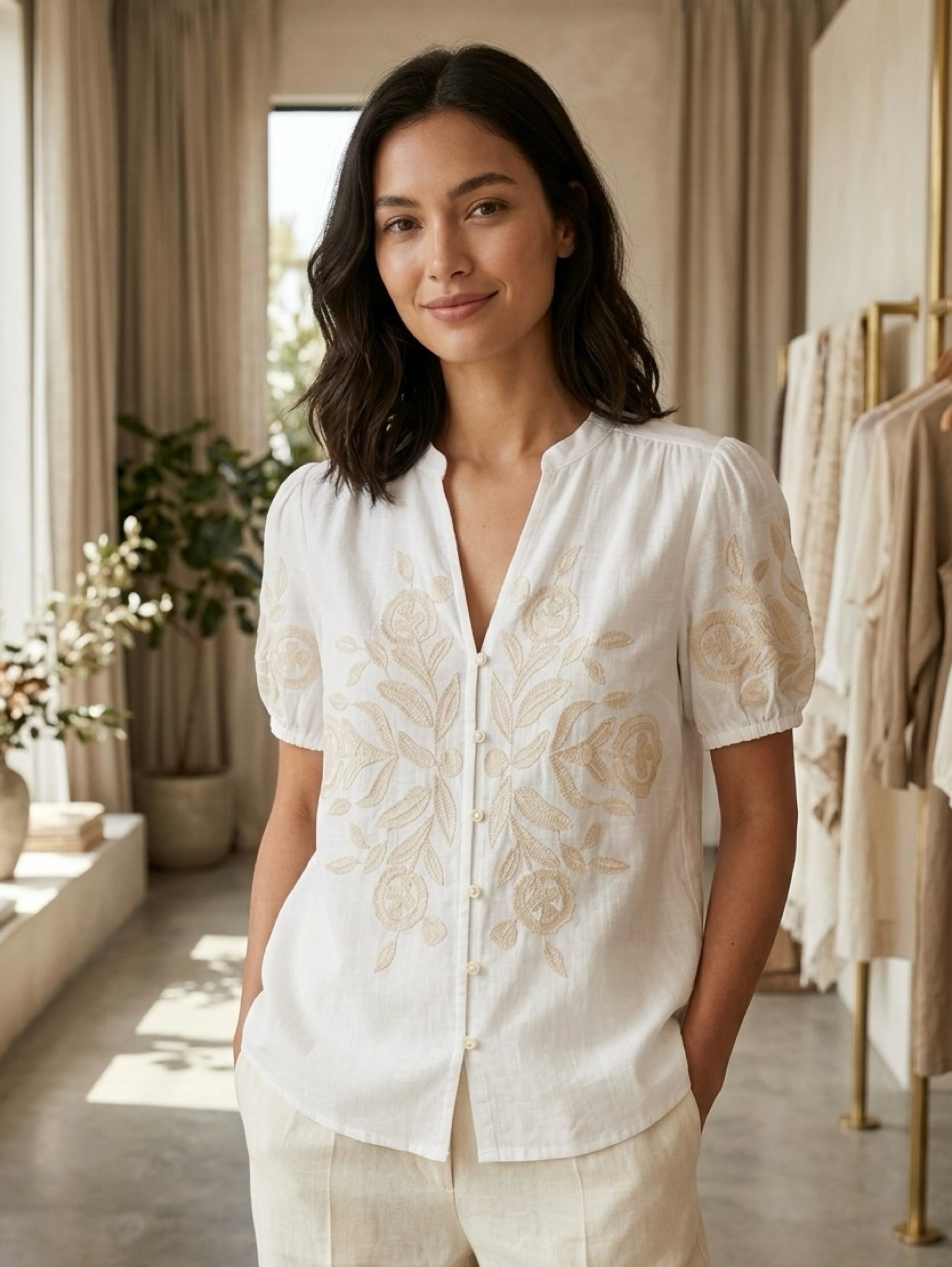 Camisa feminino de linho bordado X-018