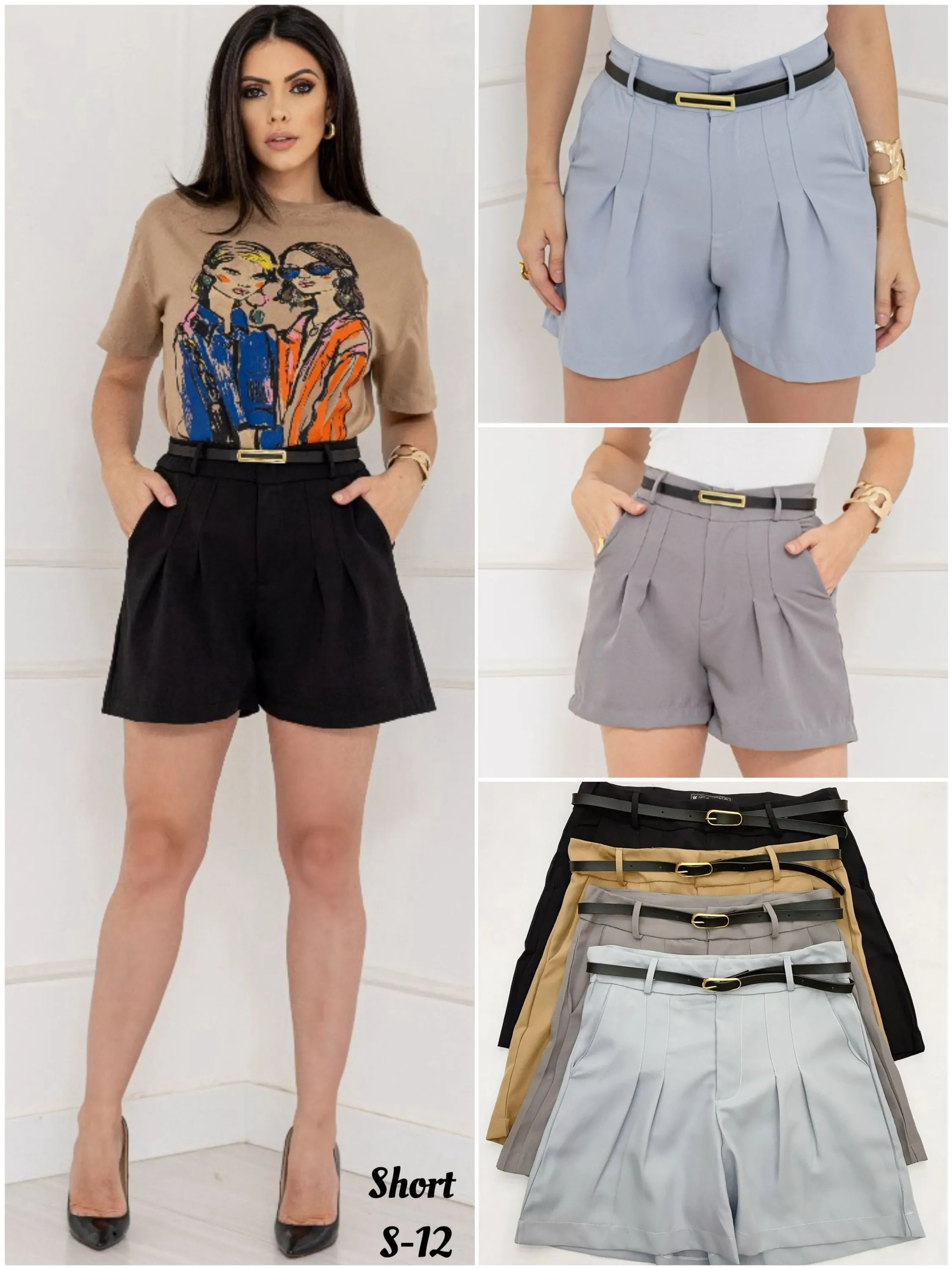 Short feminino cintura alta com cinto S-12