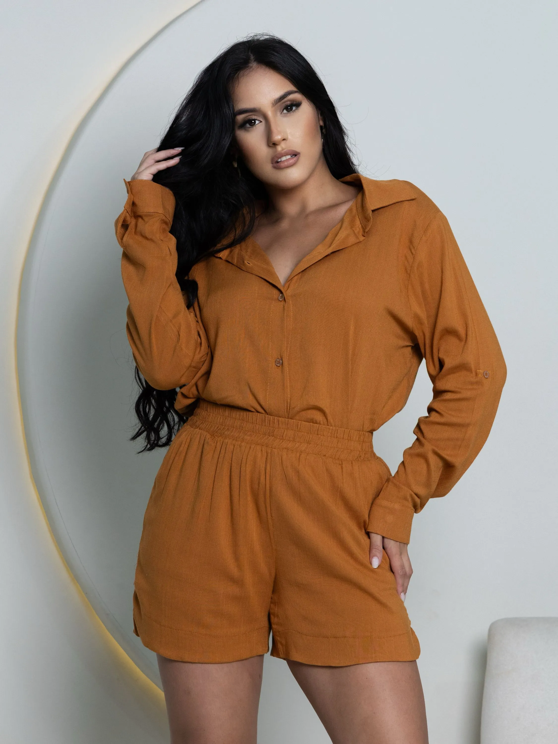 Conjunto camisa e shorts viscolinho feminina mimius moda