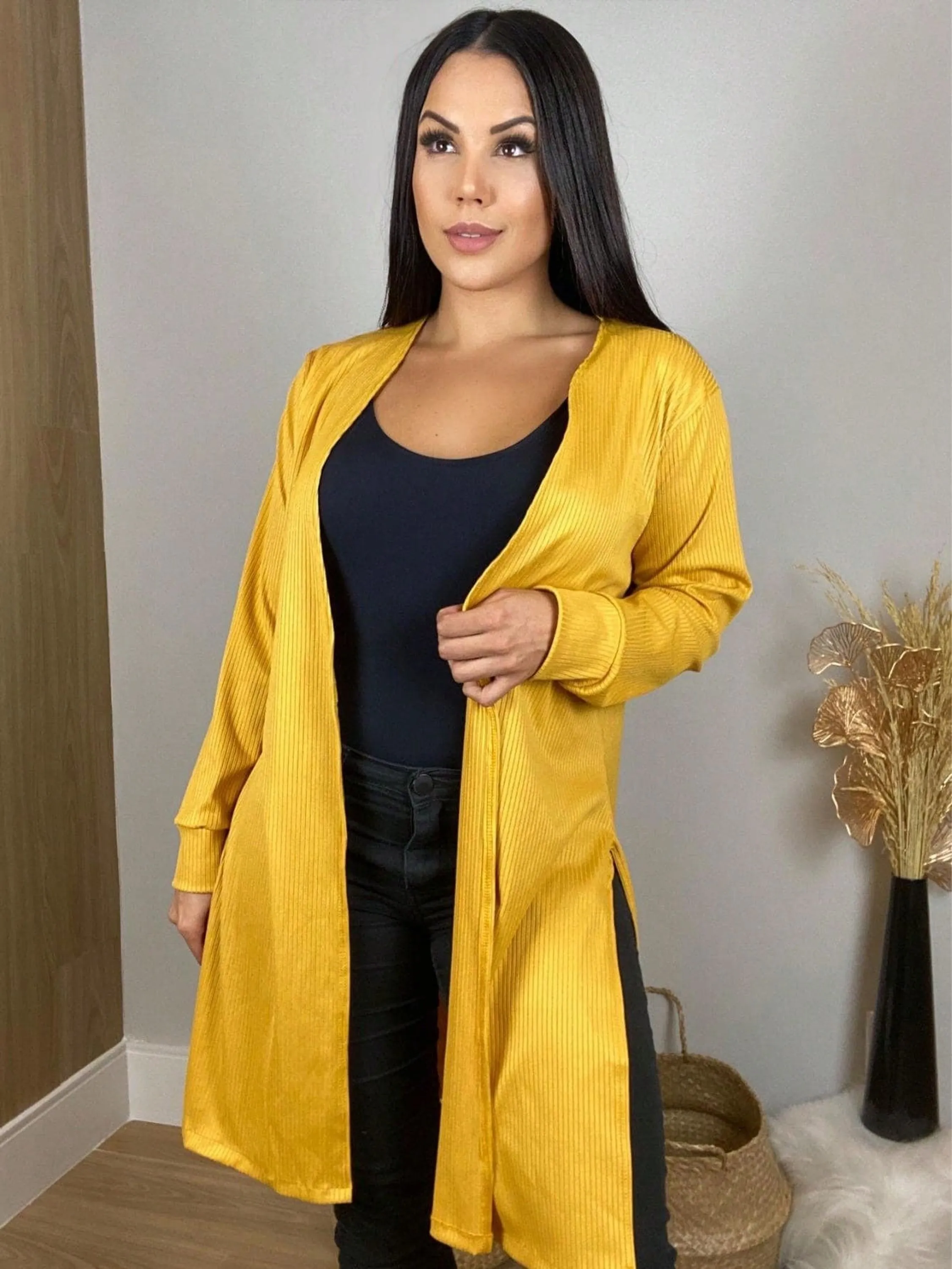 Cardigan Canelado Feminino Amarelo Bello Bronze