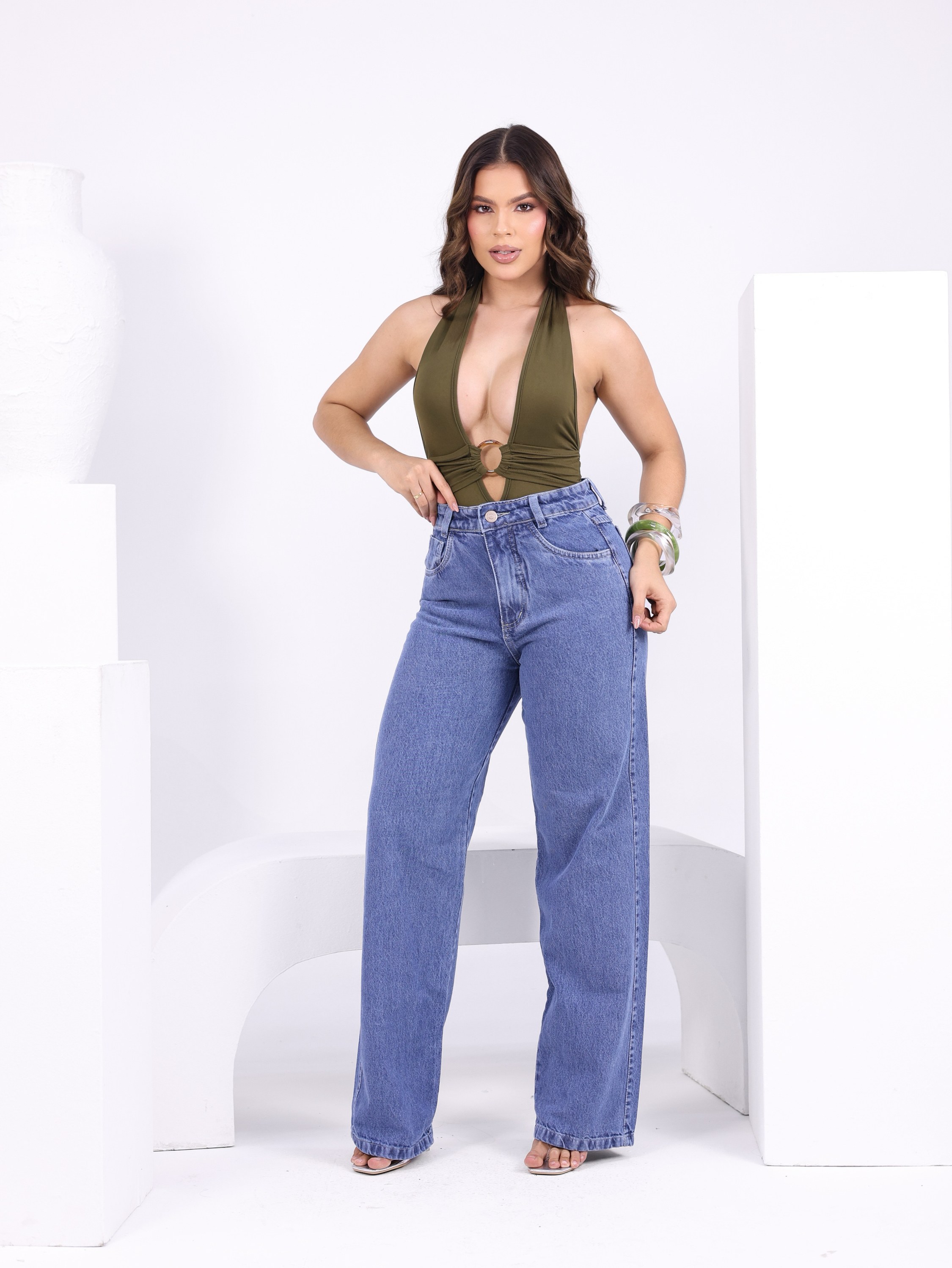 Calça wide leg jeans feminina