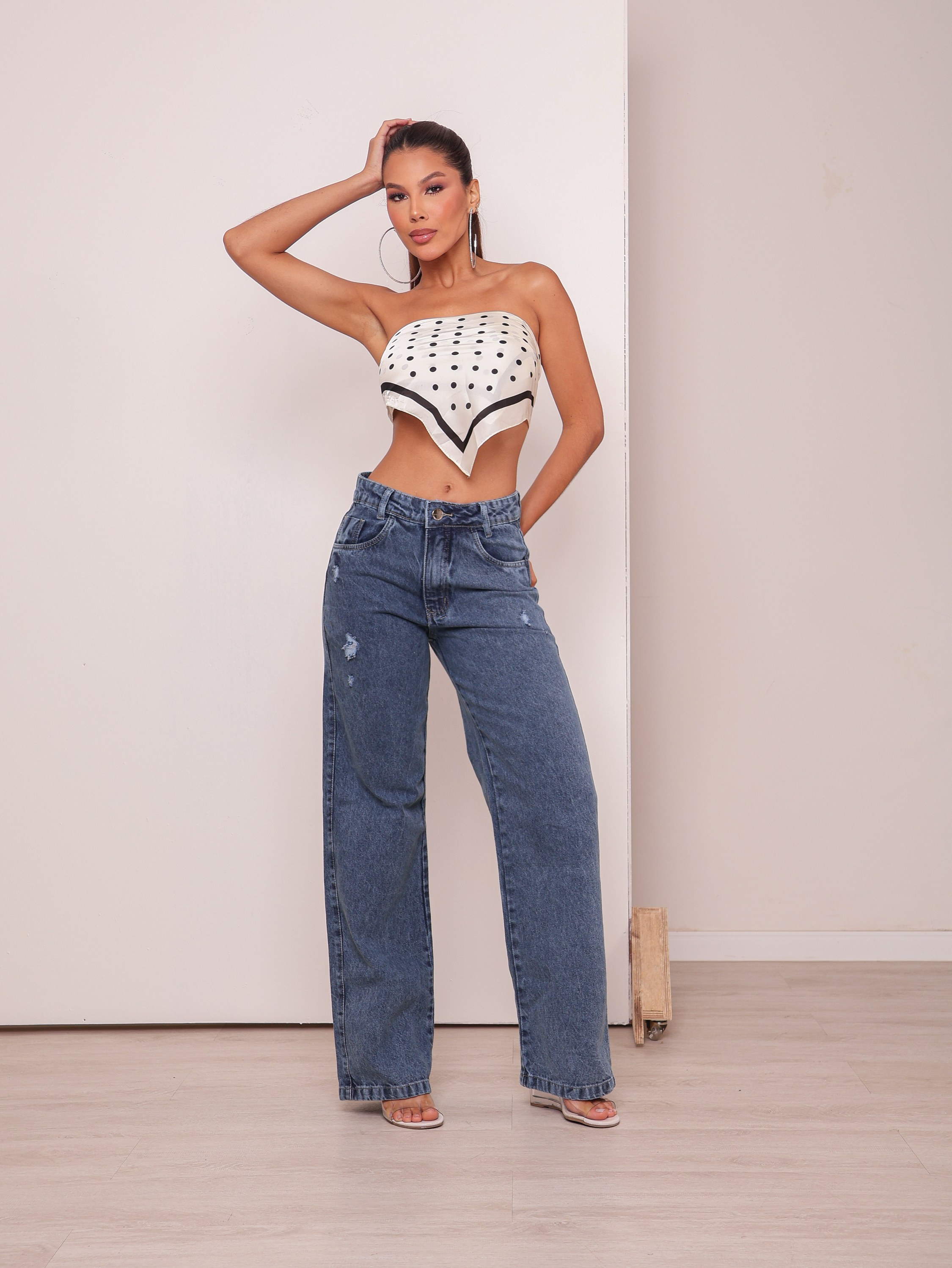Calça wide leg jeans feminina