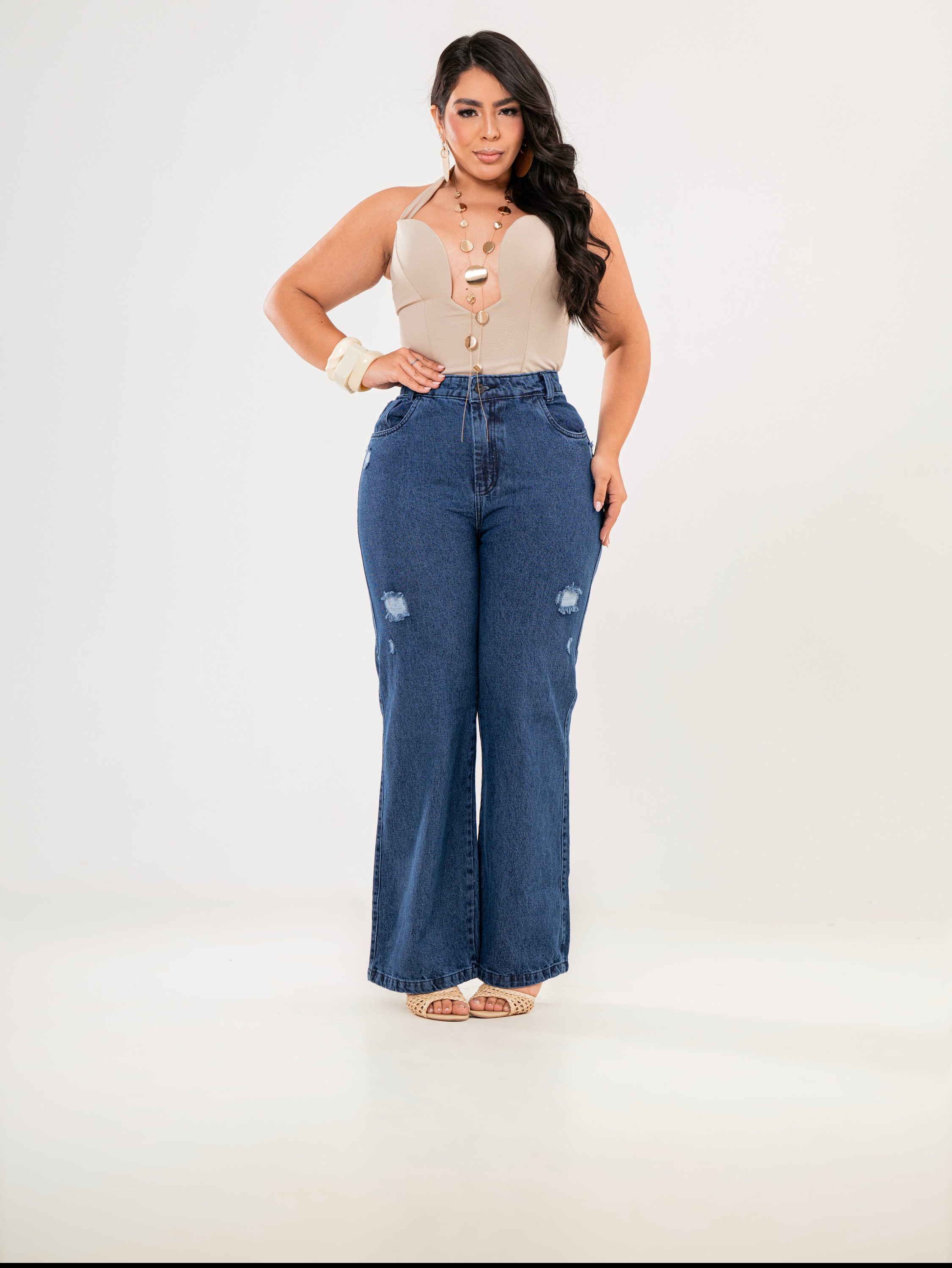 Calça wide leg jeans feminina plus size