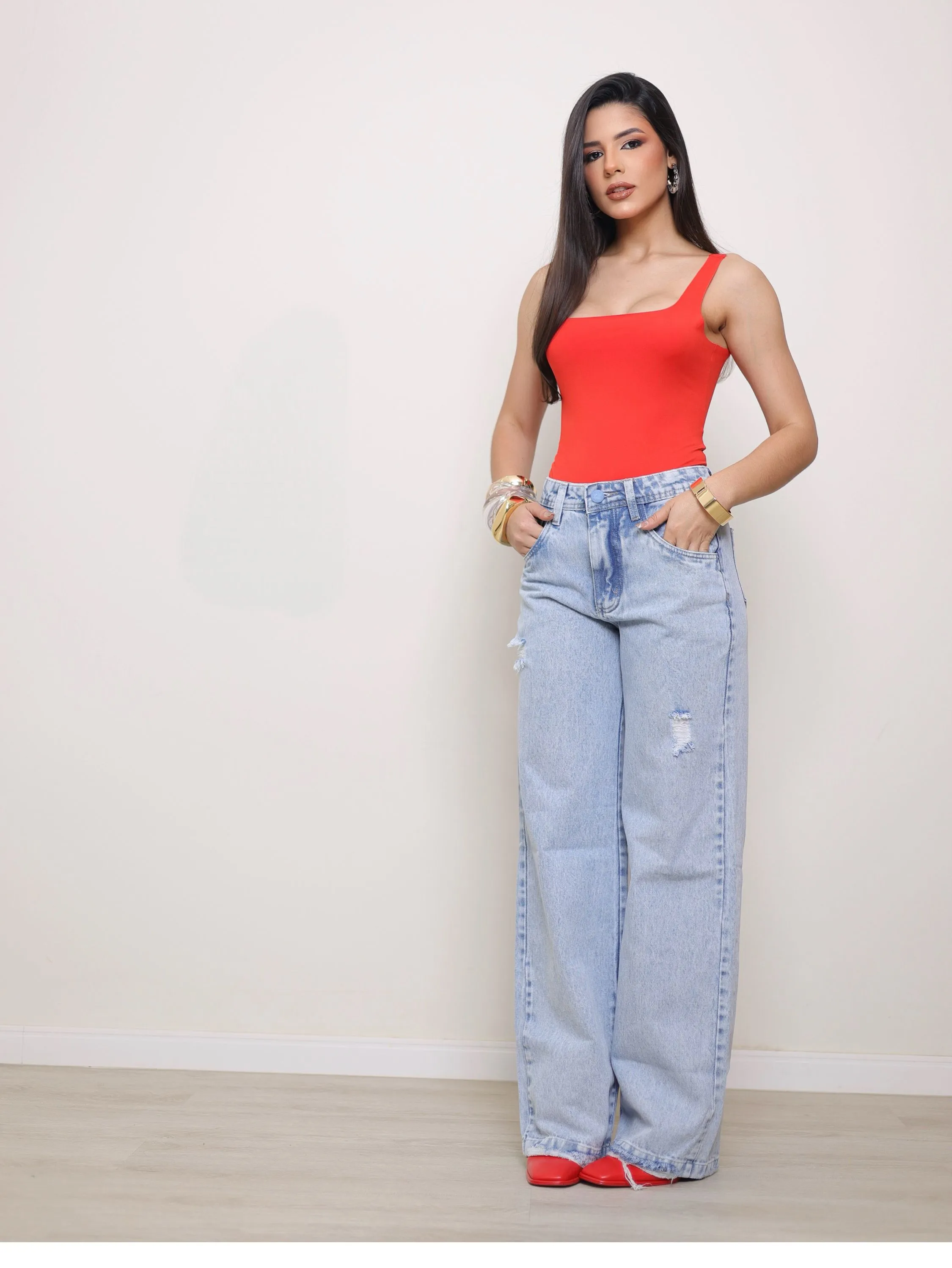 Calça wide leg jeans feminina