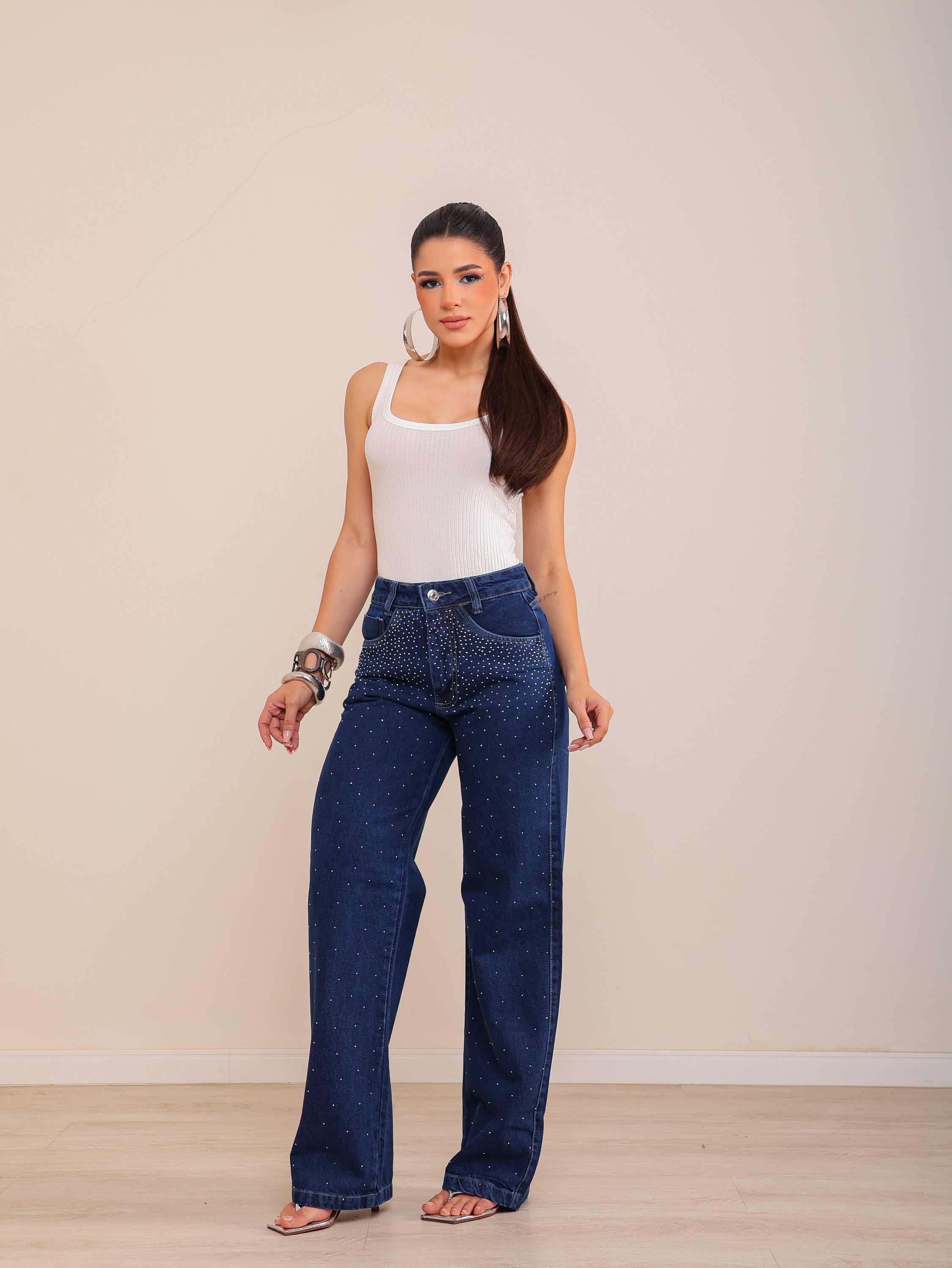 Calça wide leg jeans feminina de strass