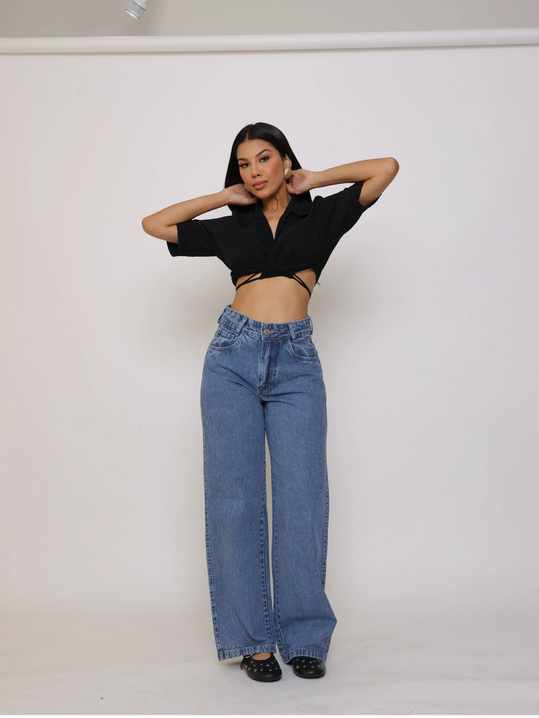 Calça wide leg jeans feminina