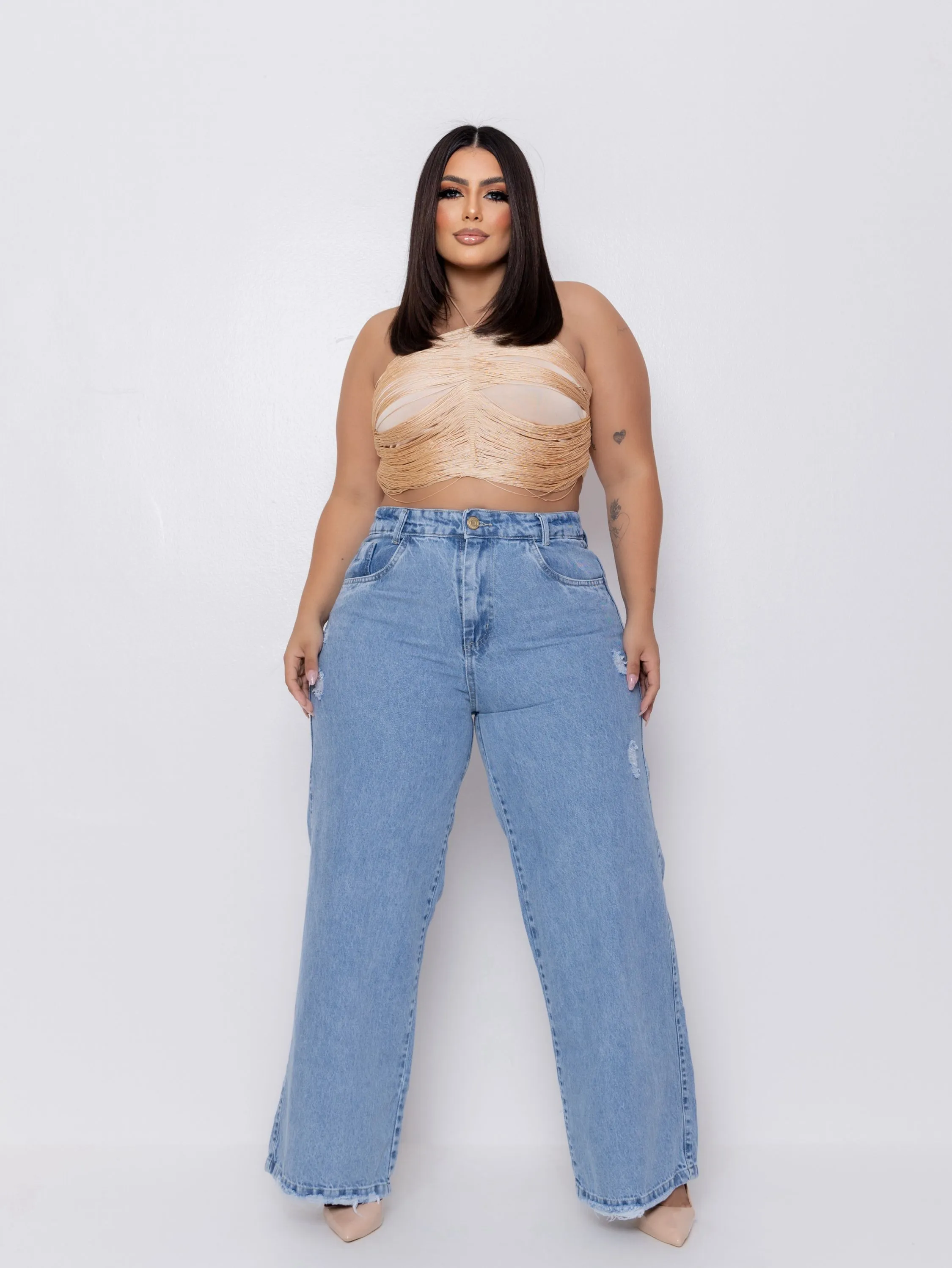 Calça wide leg jeans feminina plus size