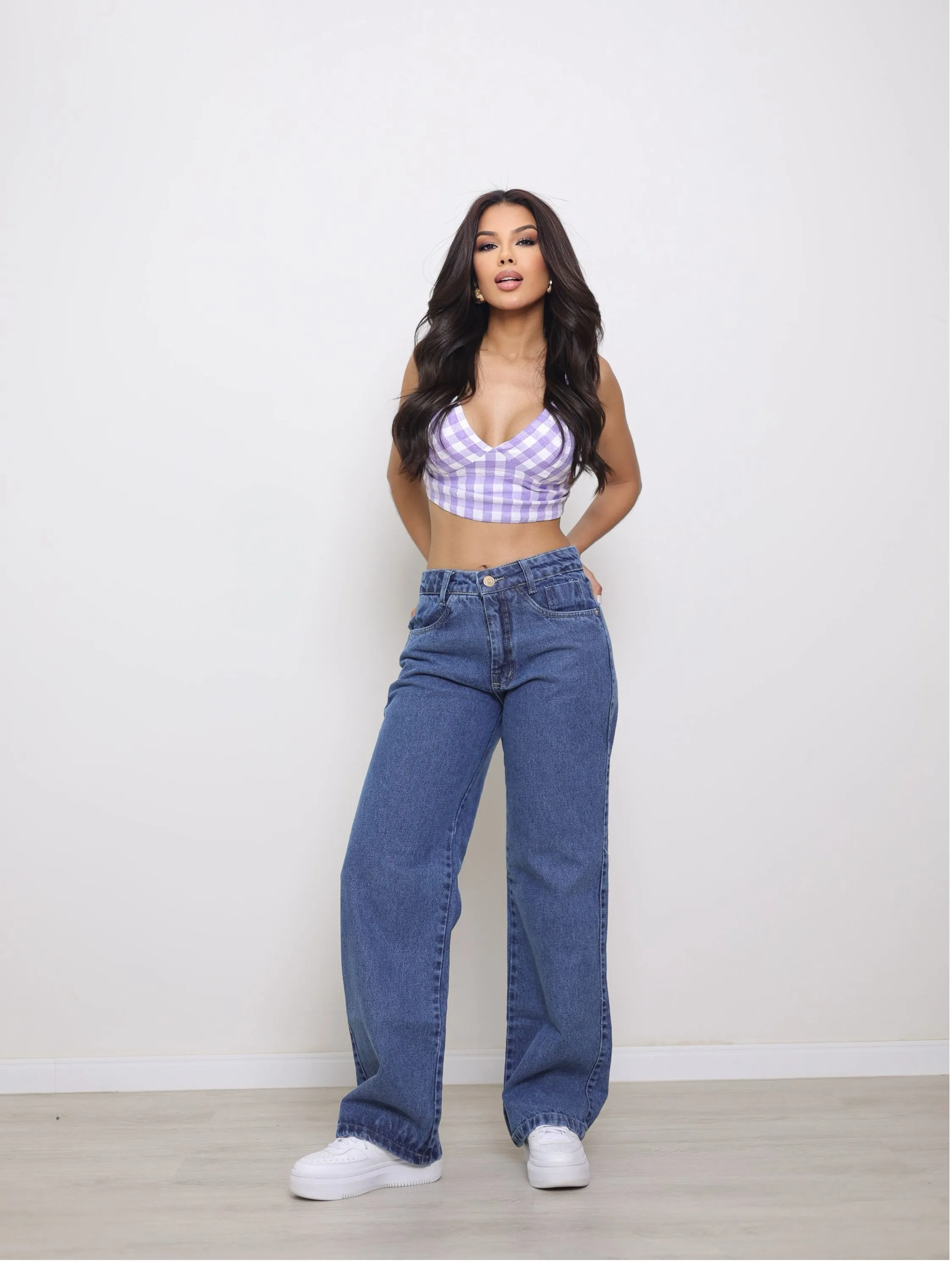 Calça wide leg jeans feminina