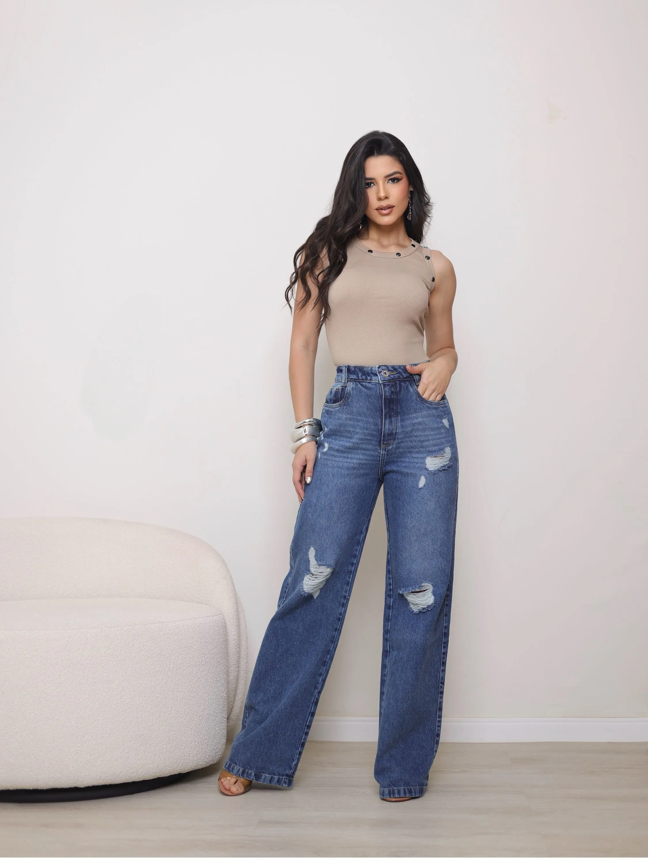 Calça wide leg jeans feminina