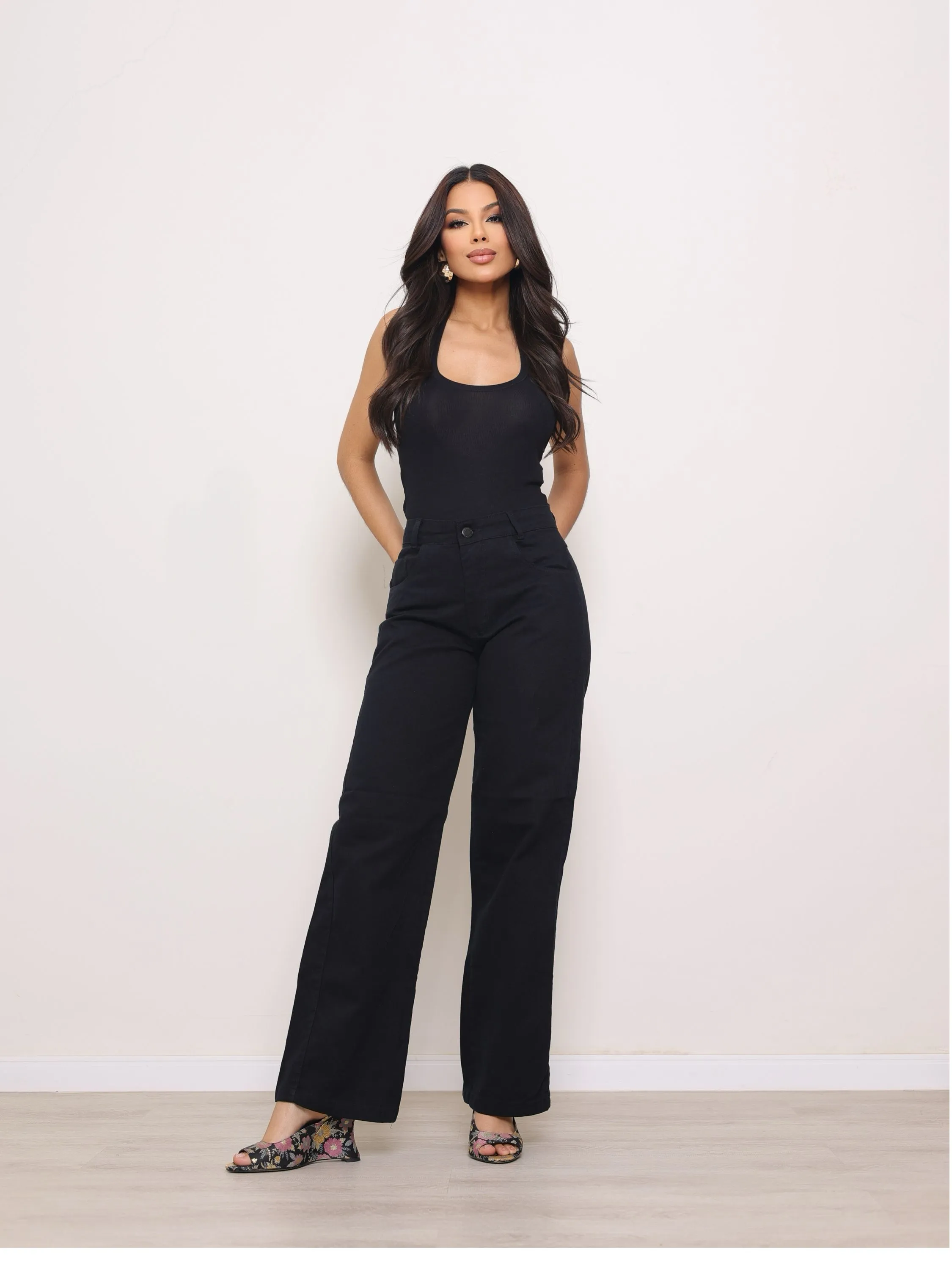 Calça wide leg jeans feminina