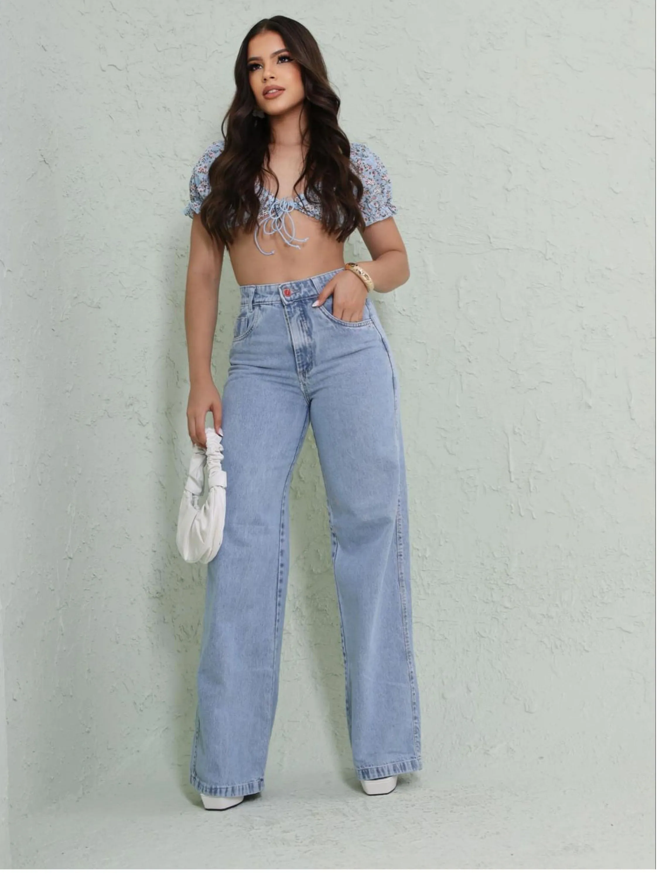 Calça wide leg jeans feminina