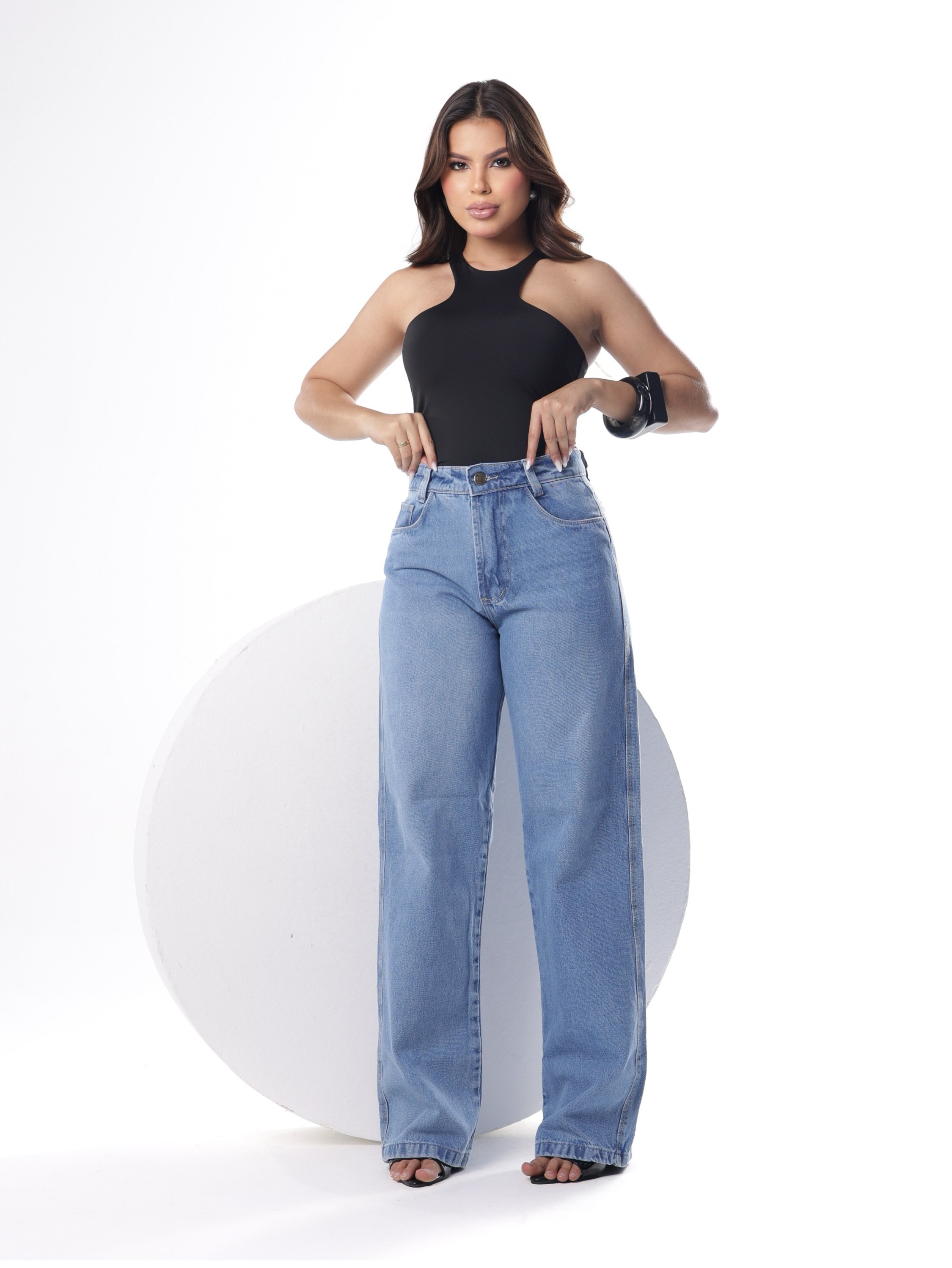 Calça wide leg jeans feminina