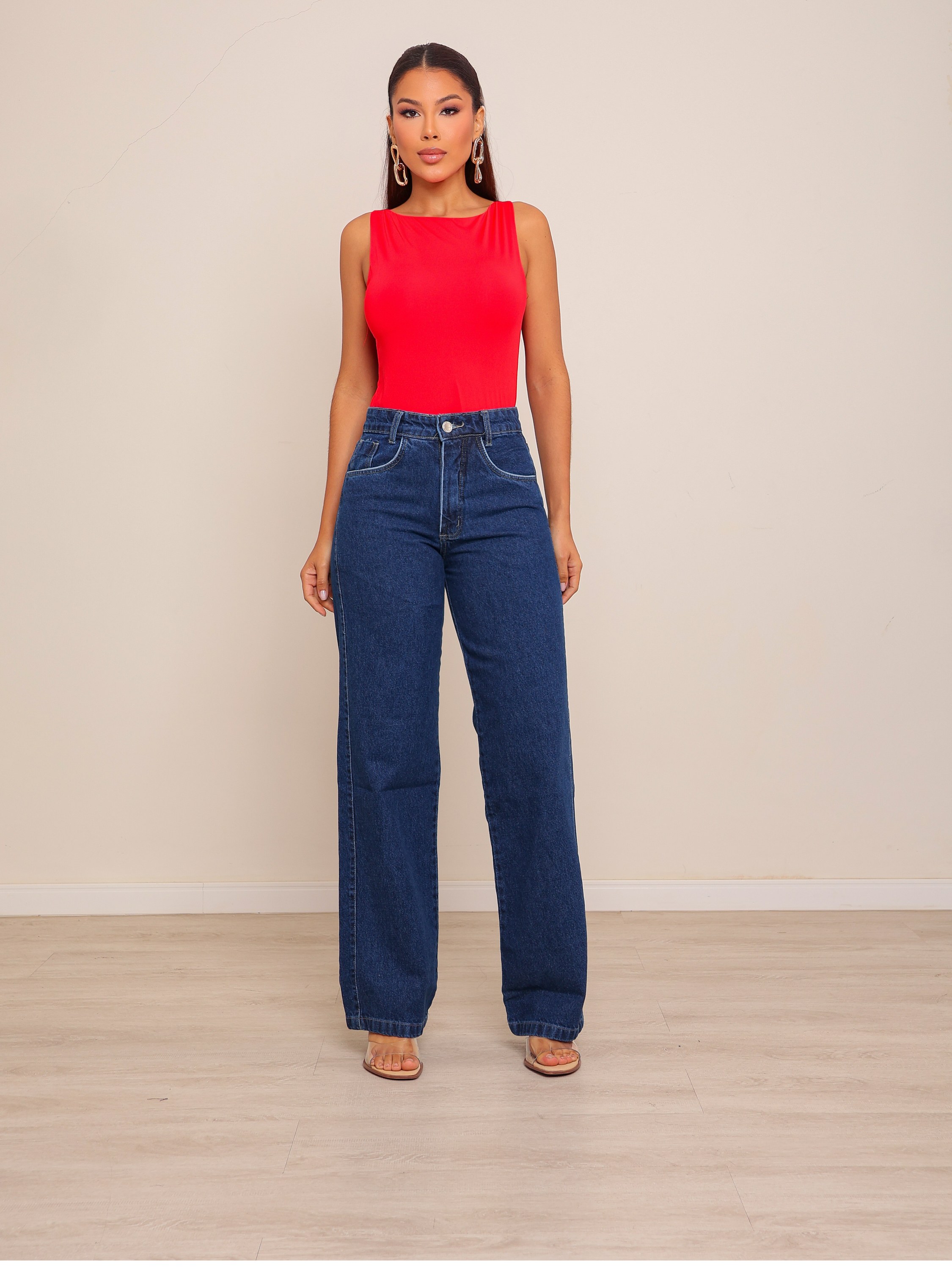 Calça wide leg jeans feminina
