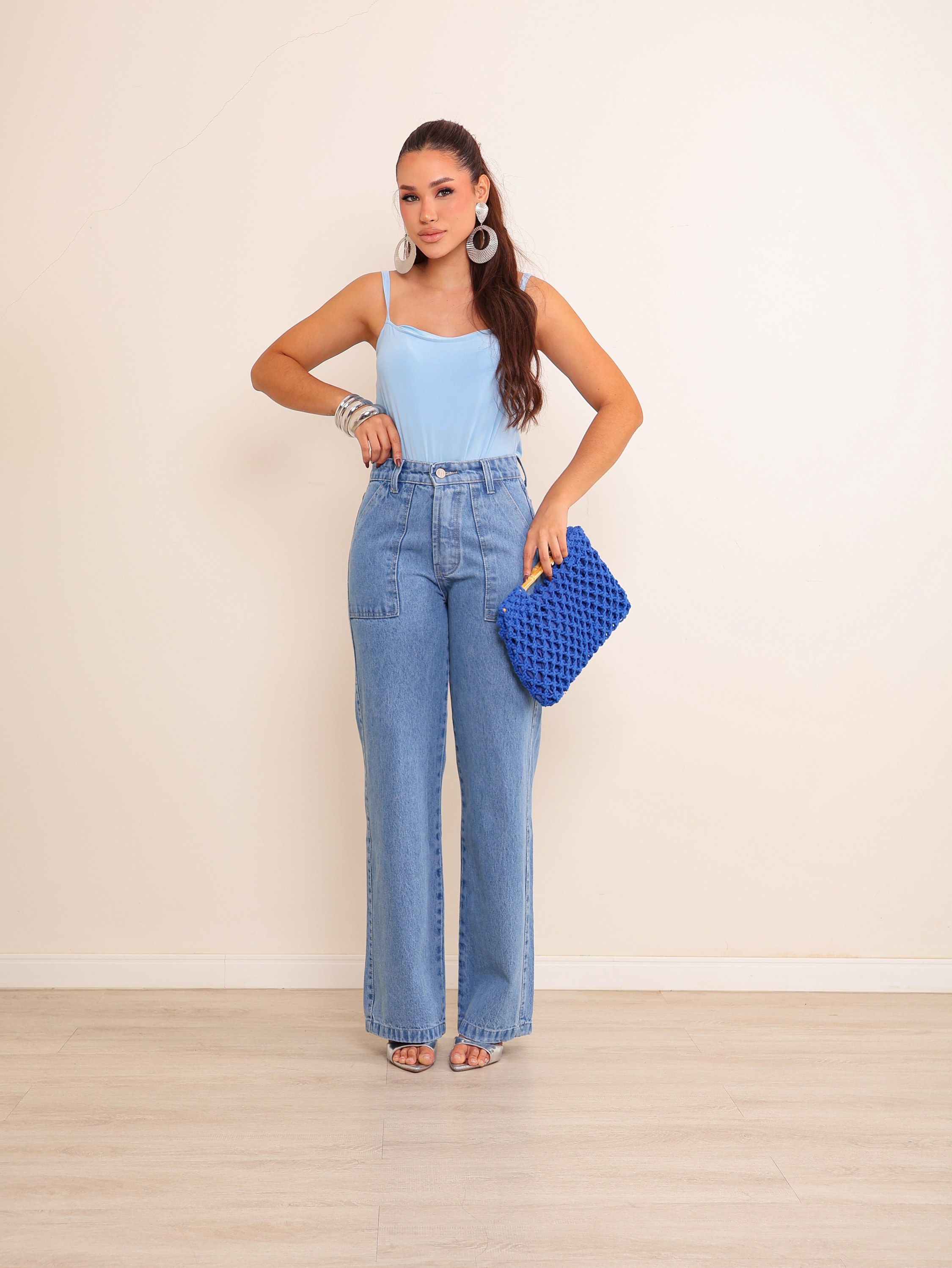 Calça wide leg jeans feminina