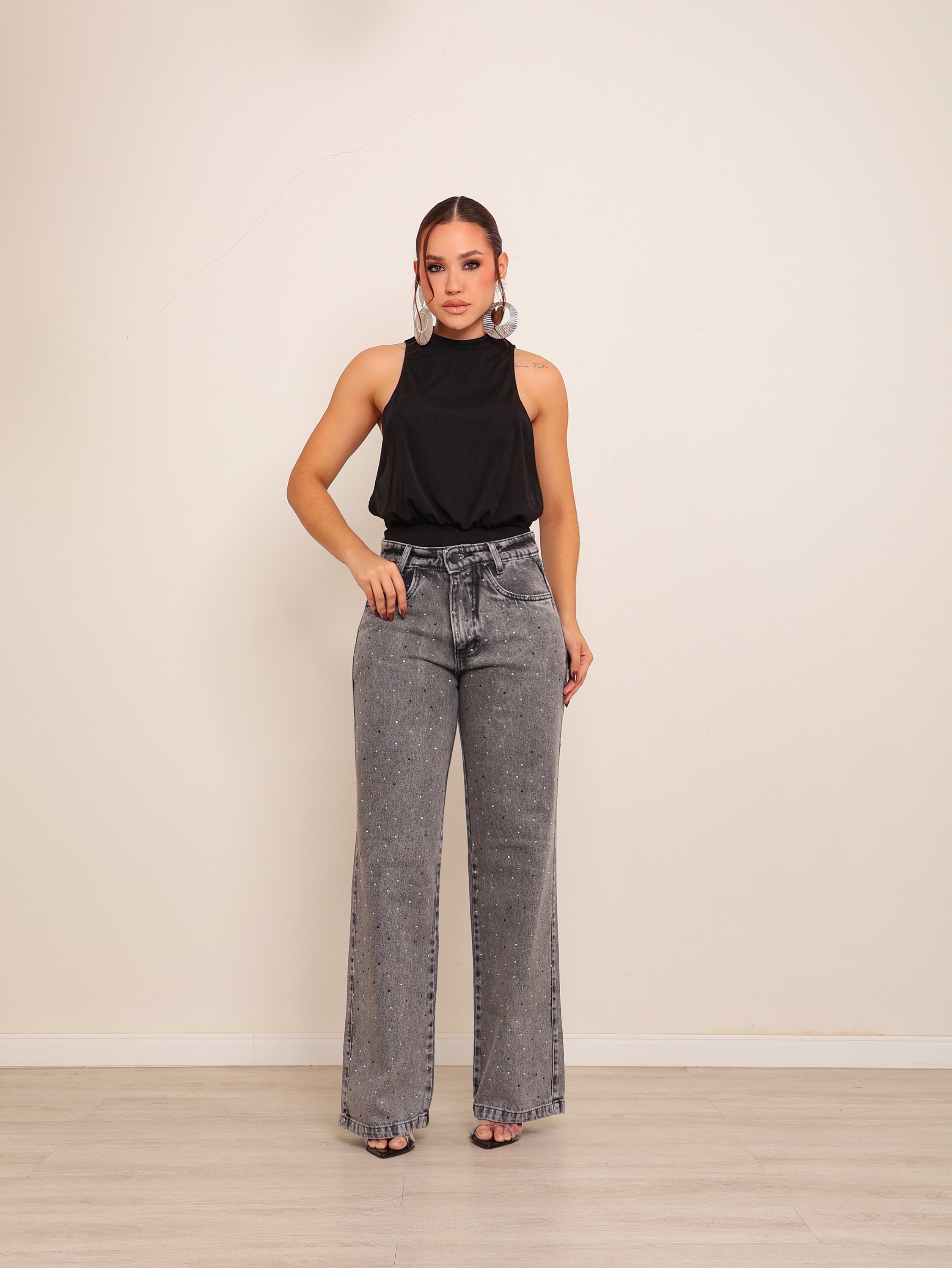 Calça wide leg jeans feminina de strass