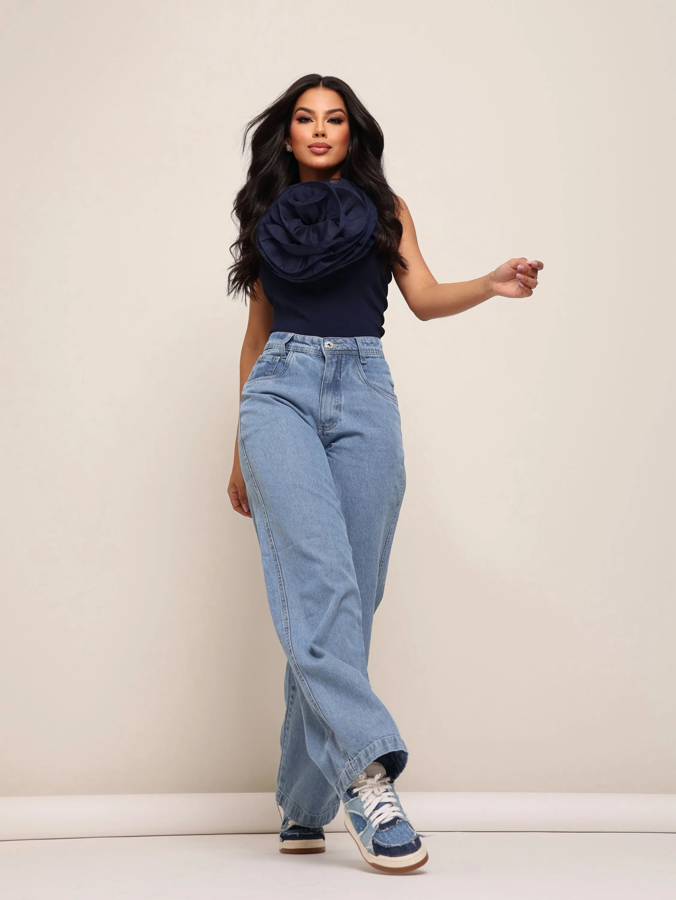 Calça wide leg jeans feminina