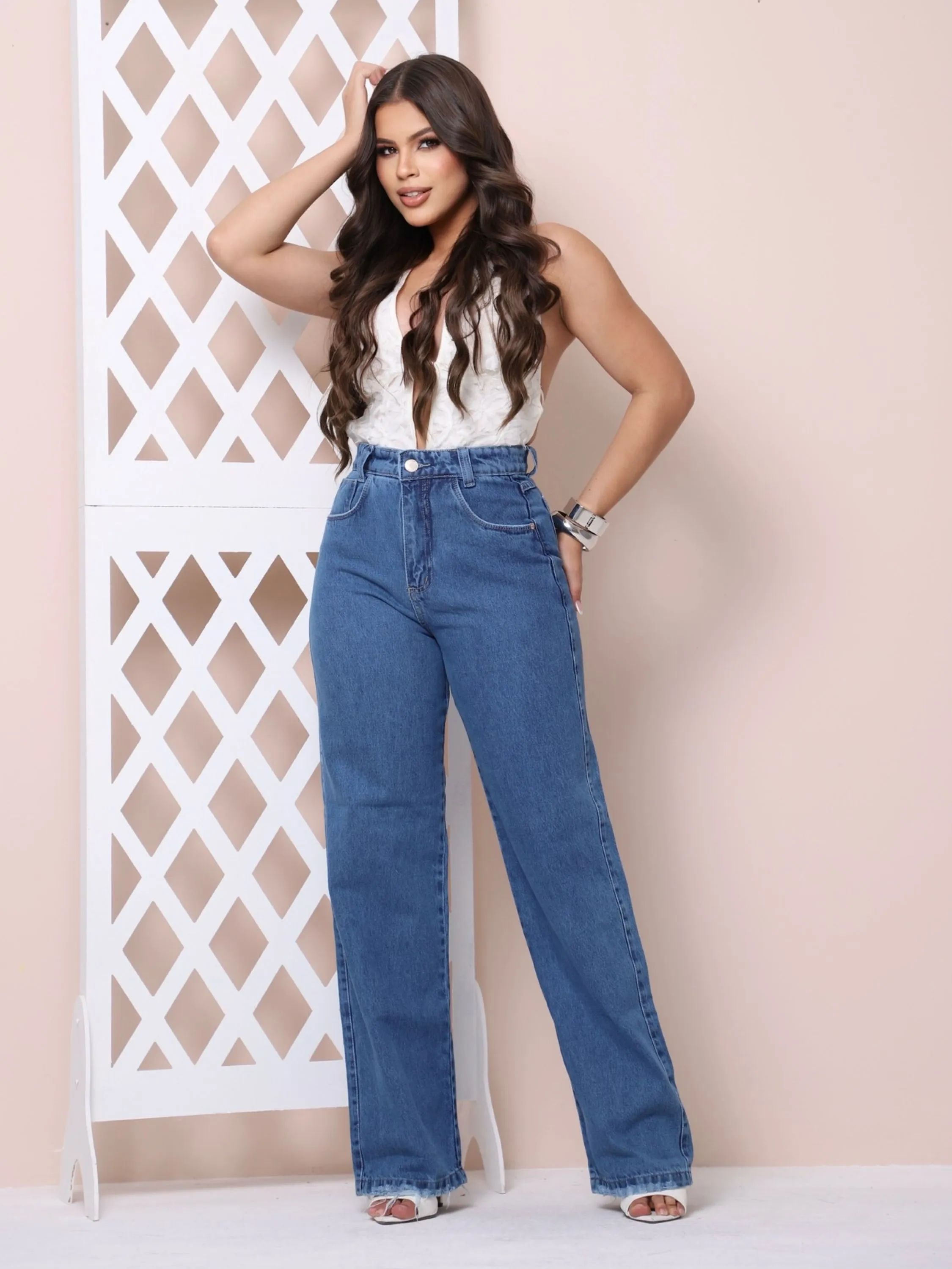 Calça wide leg jeans feminina