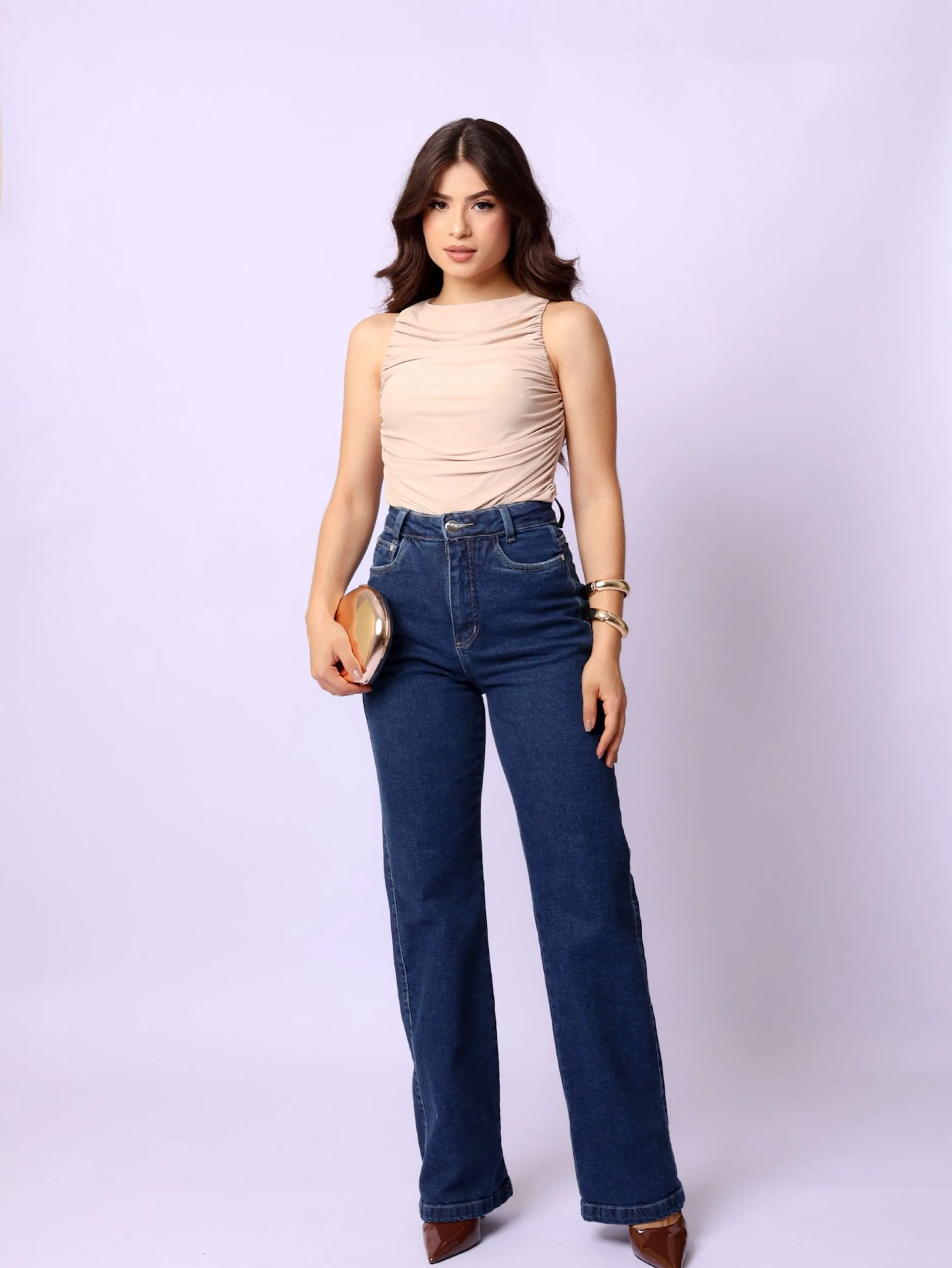 Calça wide leg jeans premium com Lycra