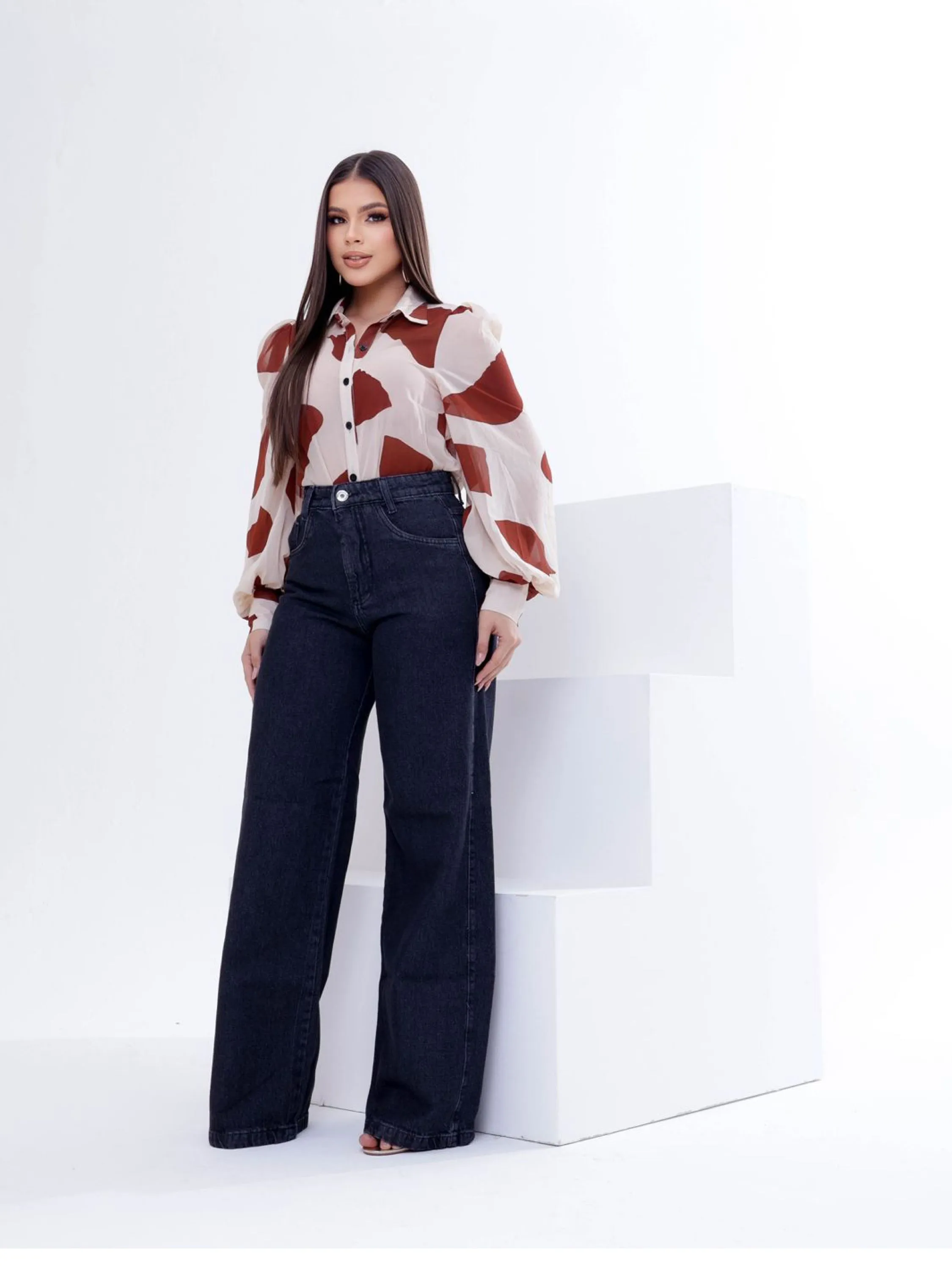 Calça wide leg jeans feminina