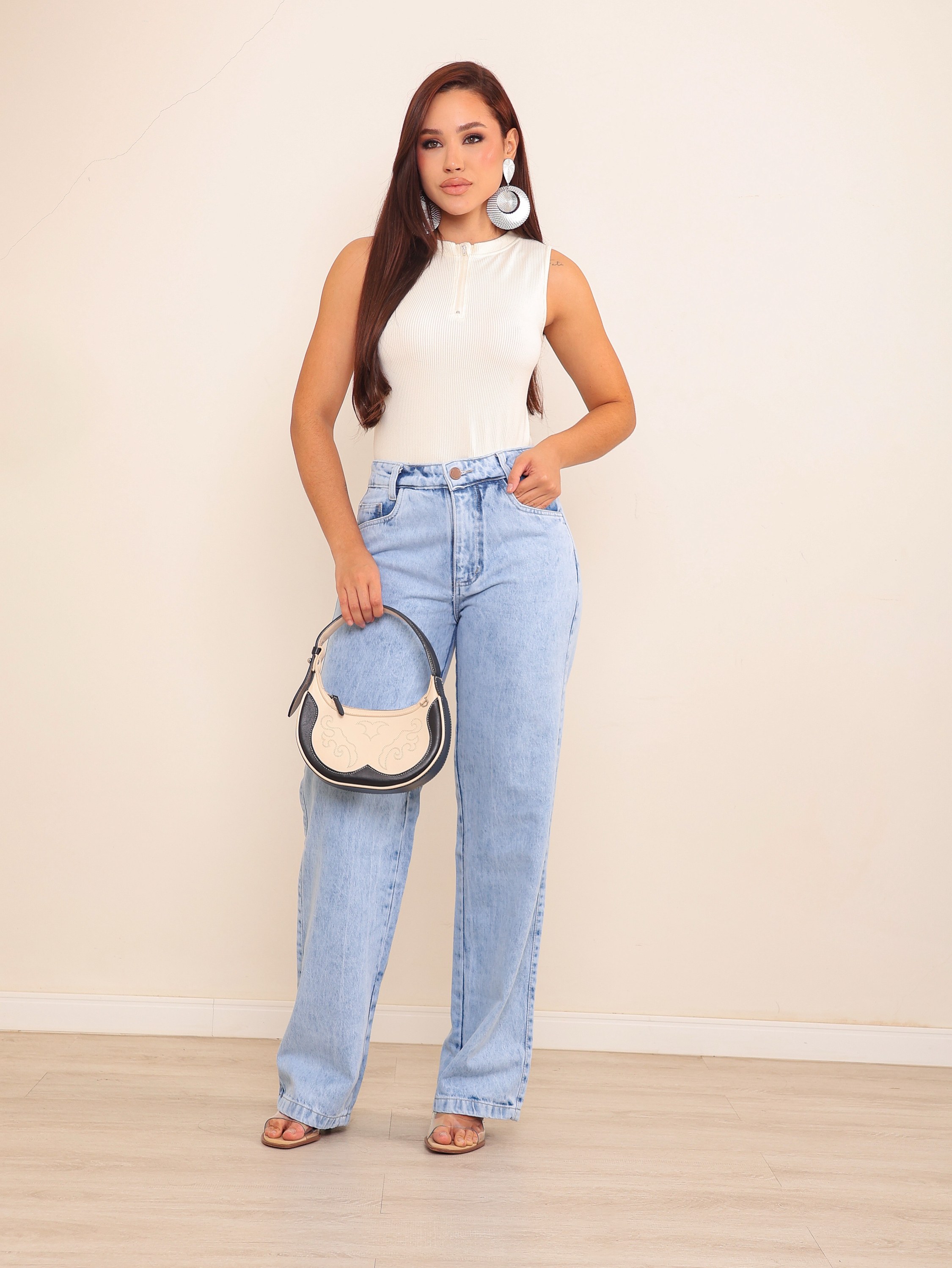Calça wide leg jeans feminina