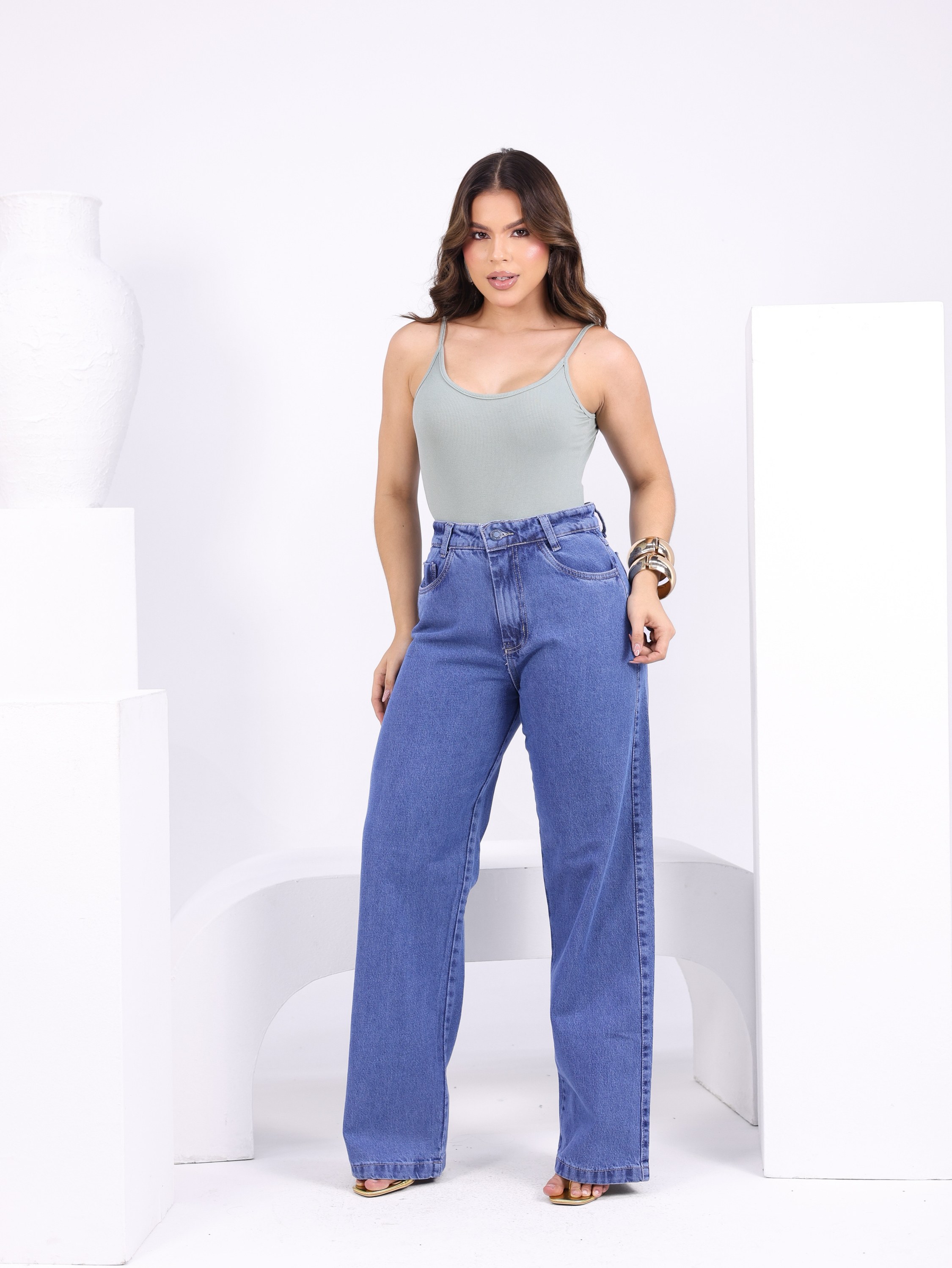 Calça wide leg jeans feminina