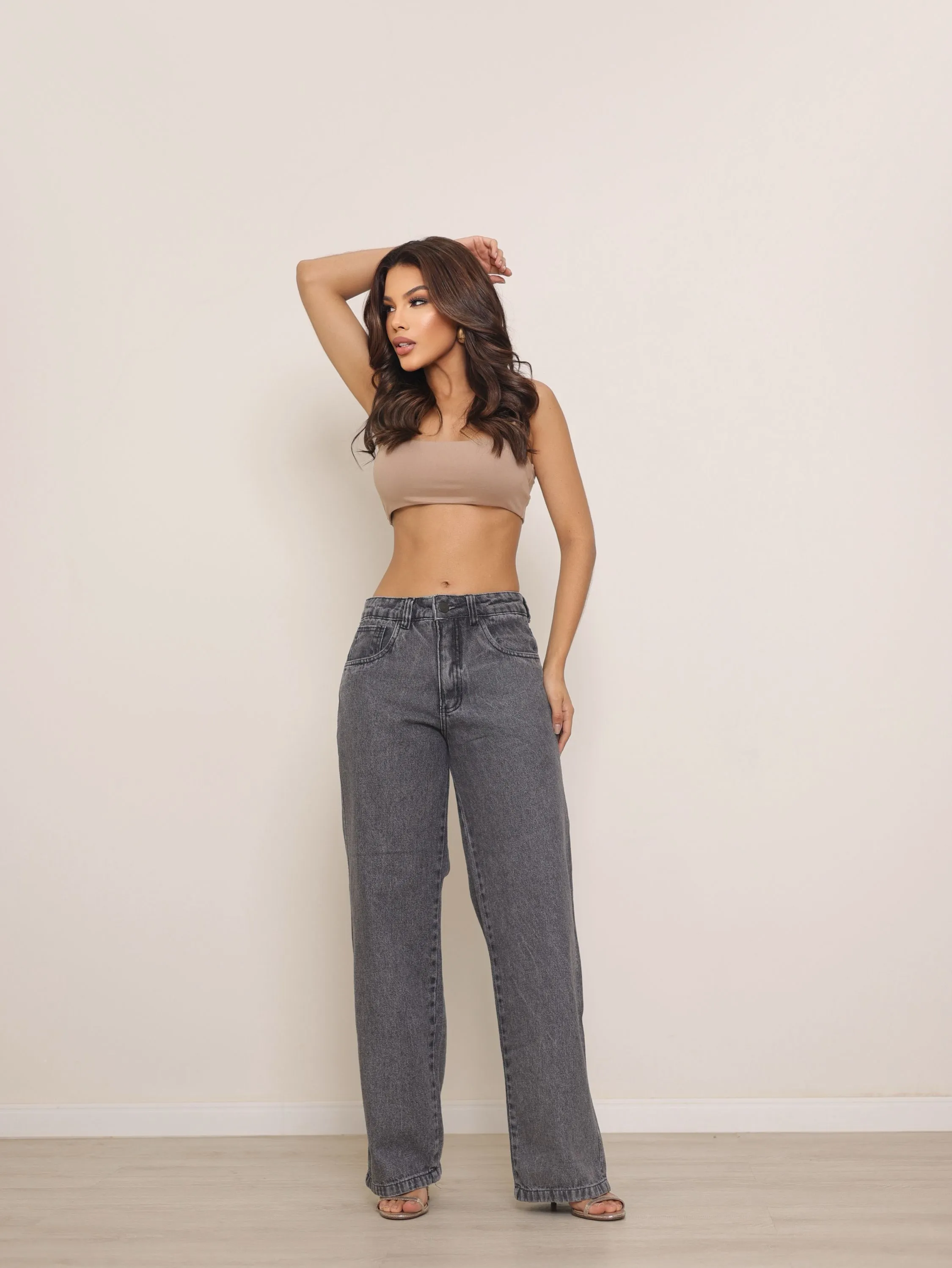 Calça wide leg jeans feminina