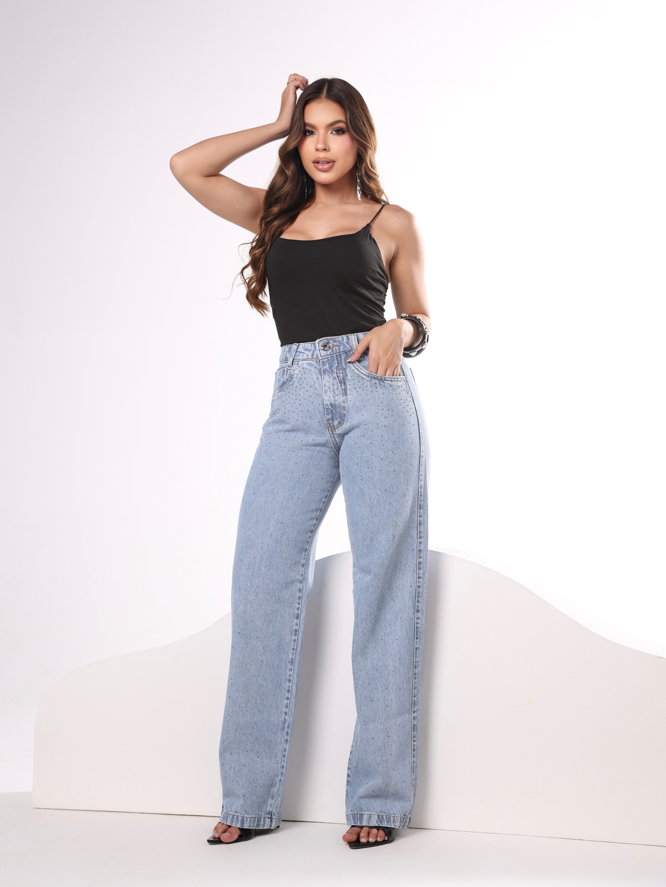 Calça wide leg jeans feminina de strass