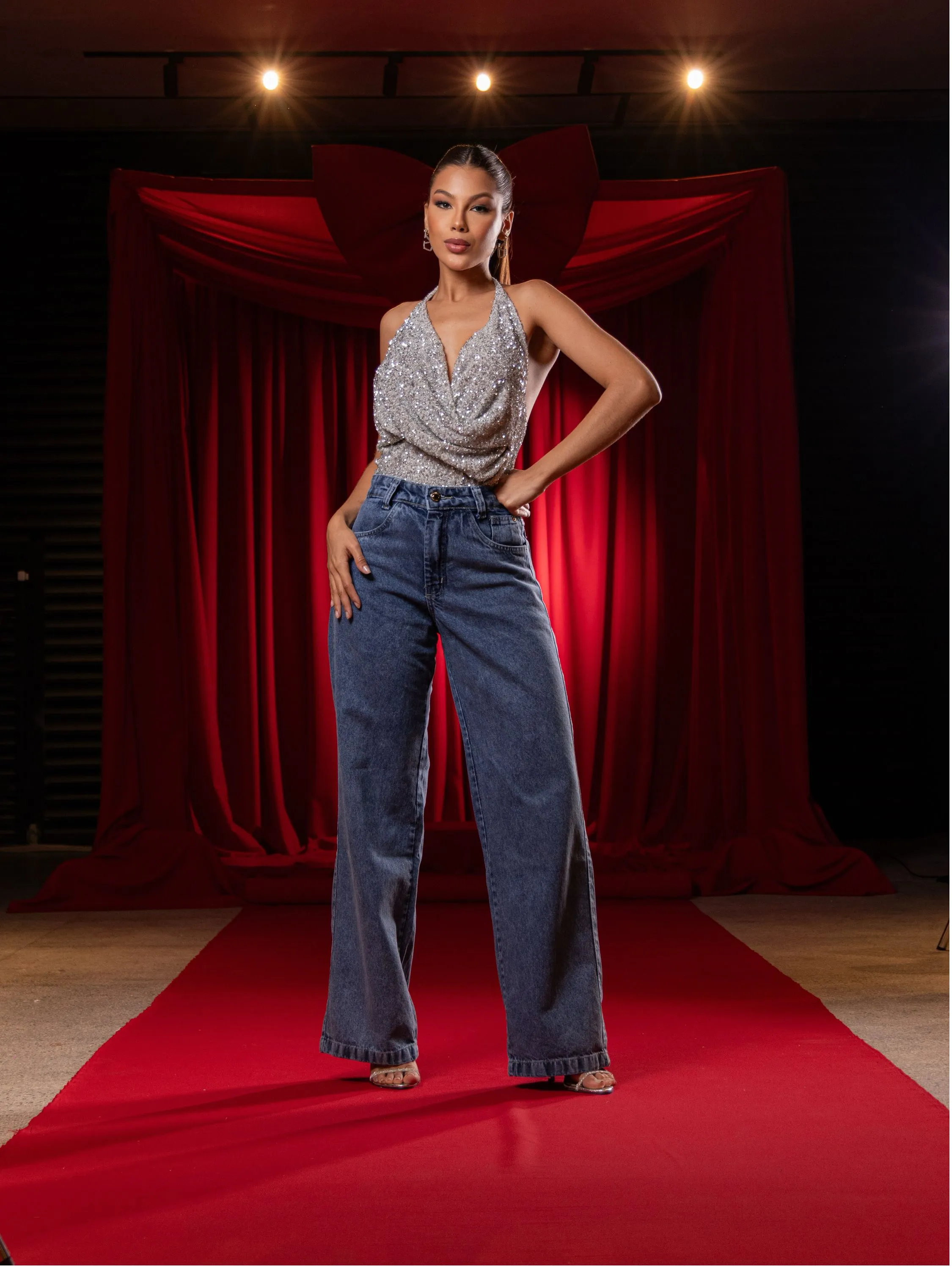 Calça wide leg jeans feminina ,