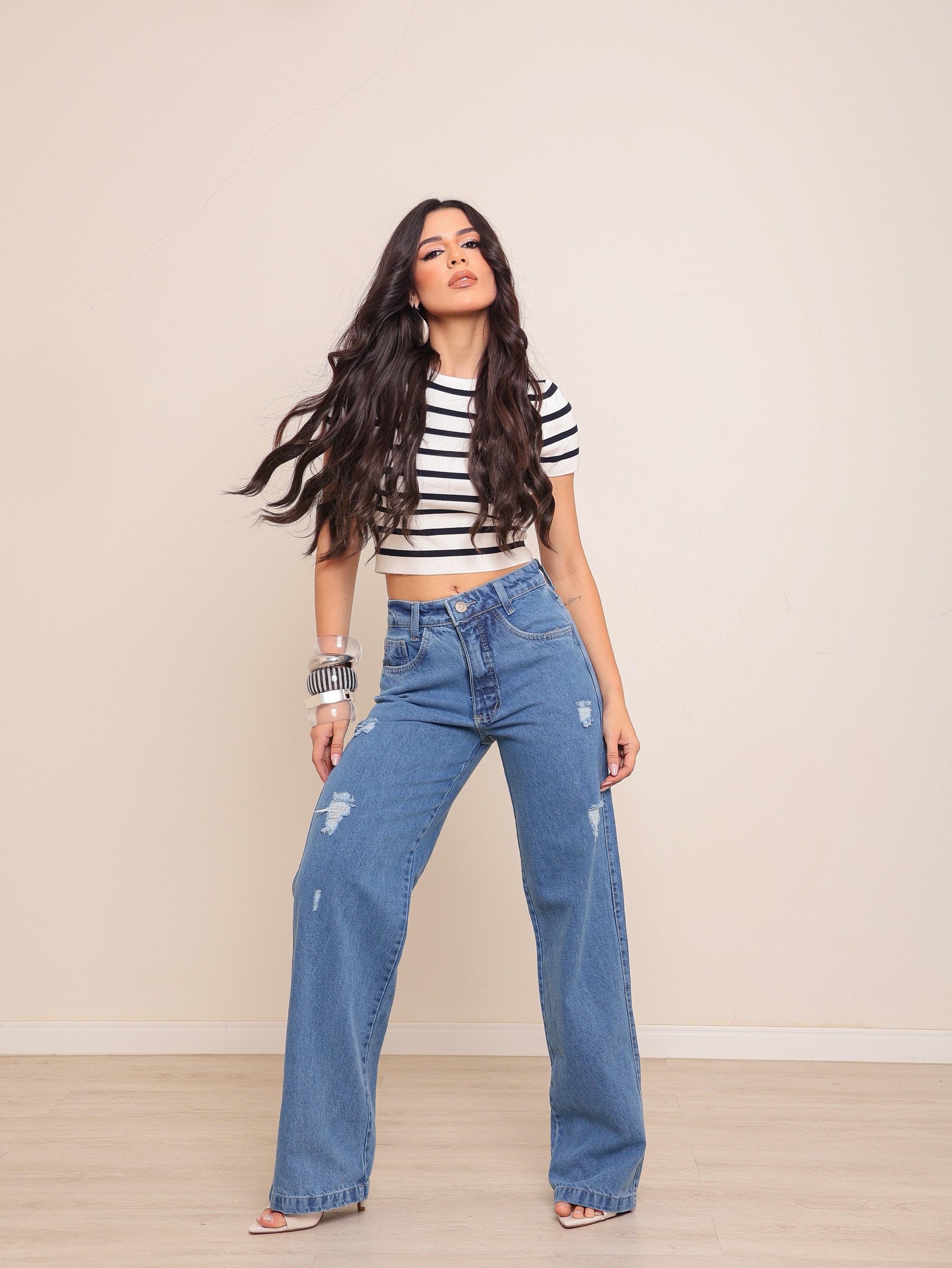 Calça wide leg jeans feminina